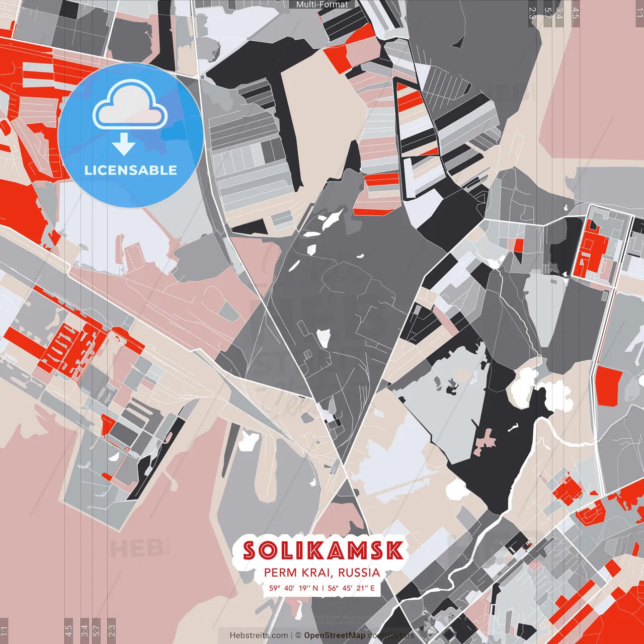 Solikamsk, Perm Krai, Russia - modern street map poster template with gray and red tones