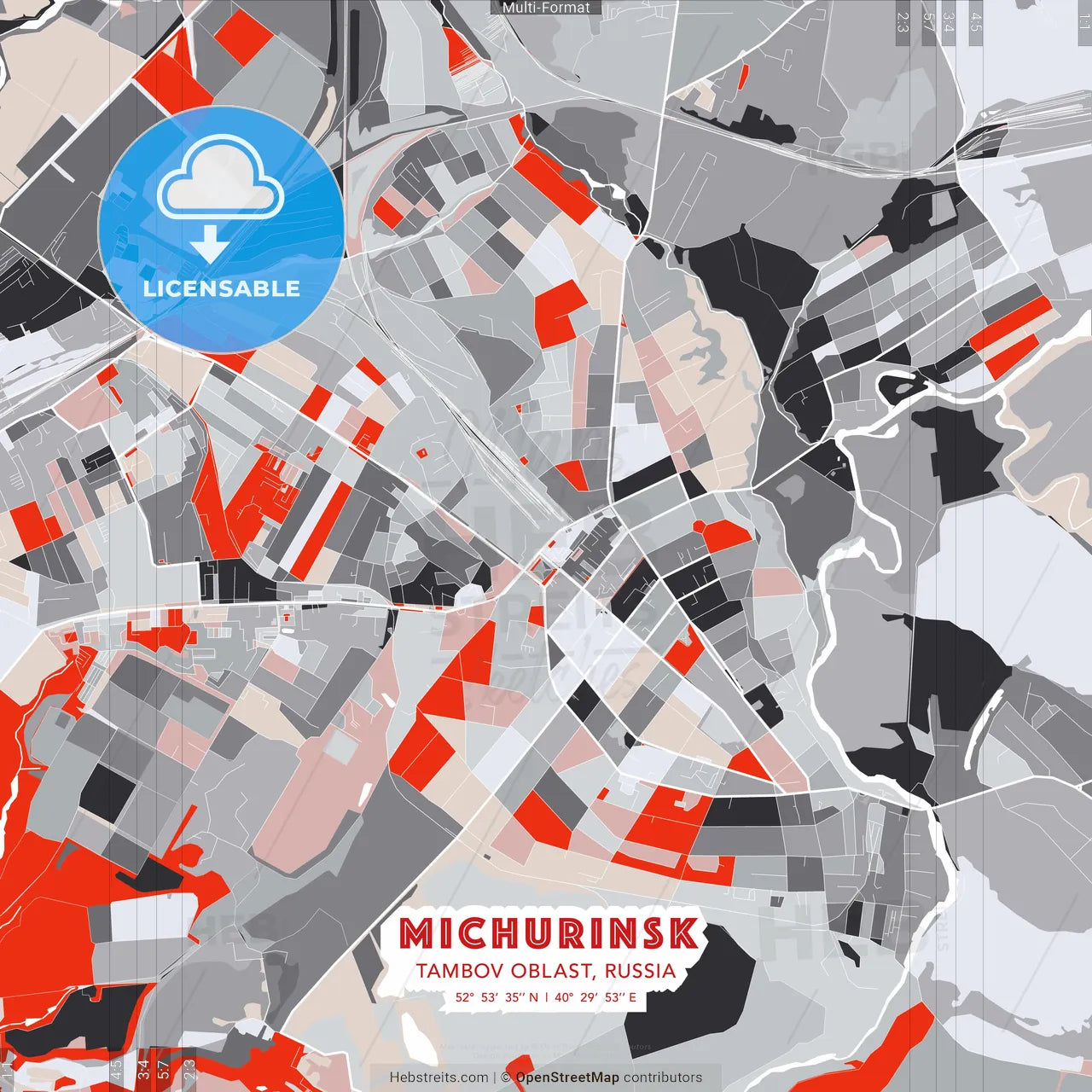 Michurinsk, Tambov Oblast, Russia - modern street map poster template with gray and red tones