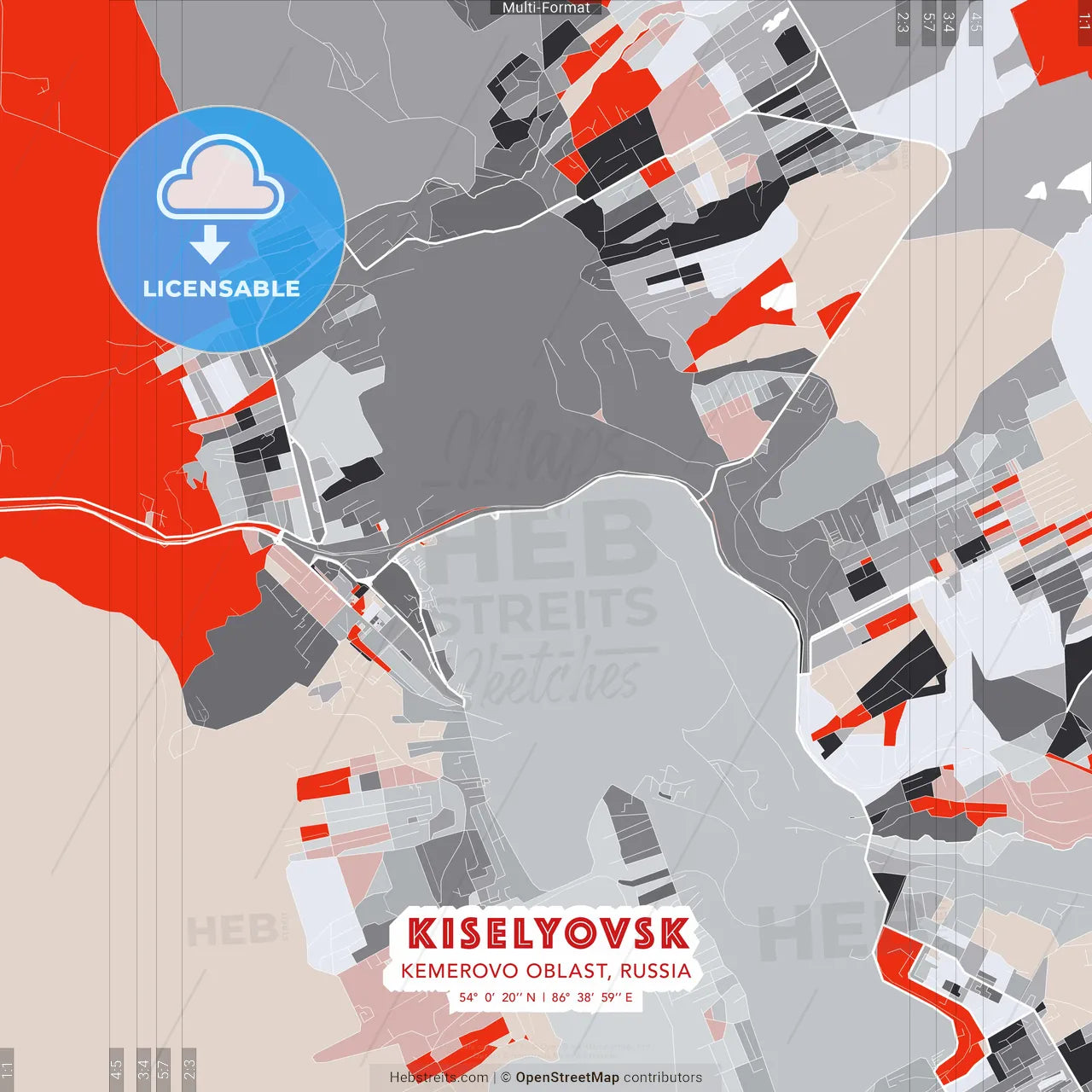 Kiselyovsk, Kemerovo Oblast, Russia - modern street map poster template with gray and red tones