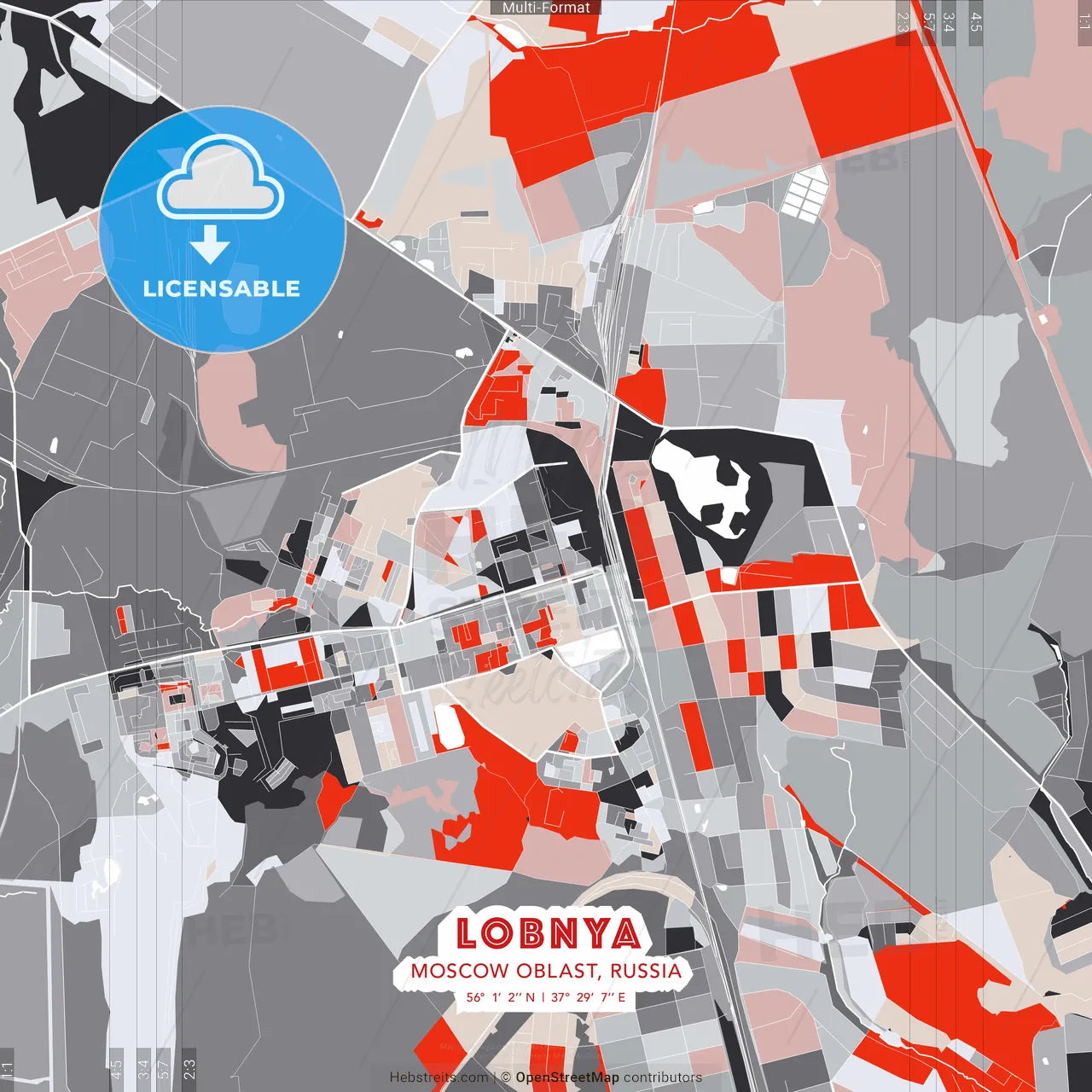 Lobnya, Moscow Oblast, Russia - modern street map poster template with gray and red tones