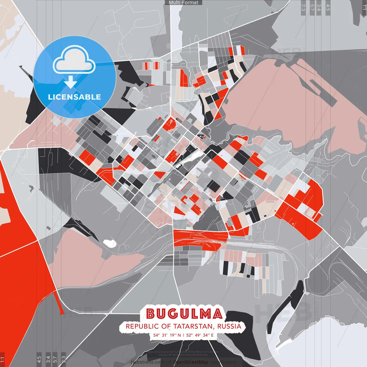 Bugulma, Republic of Tatarstan, Russia - modern street map poster template with gray and red tones