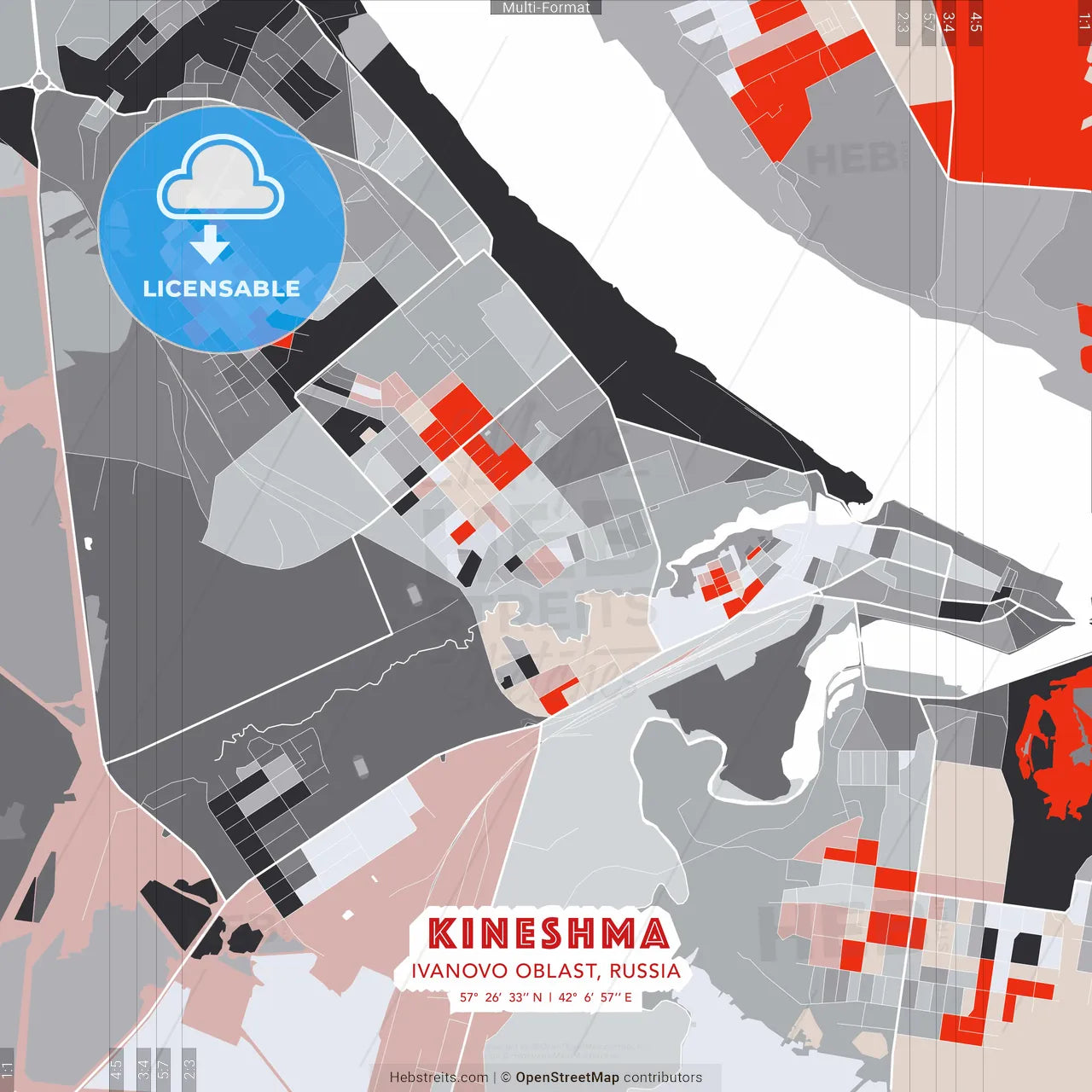 Kineshma, Ivanovo Oblast, Russia - modern street map poster template with gray and red tones