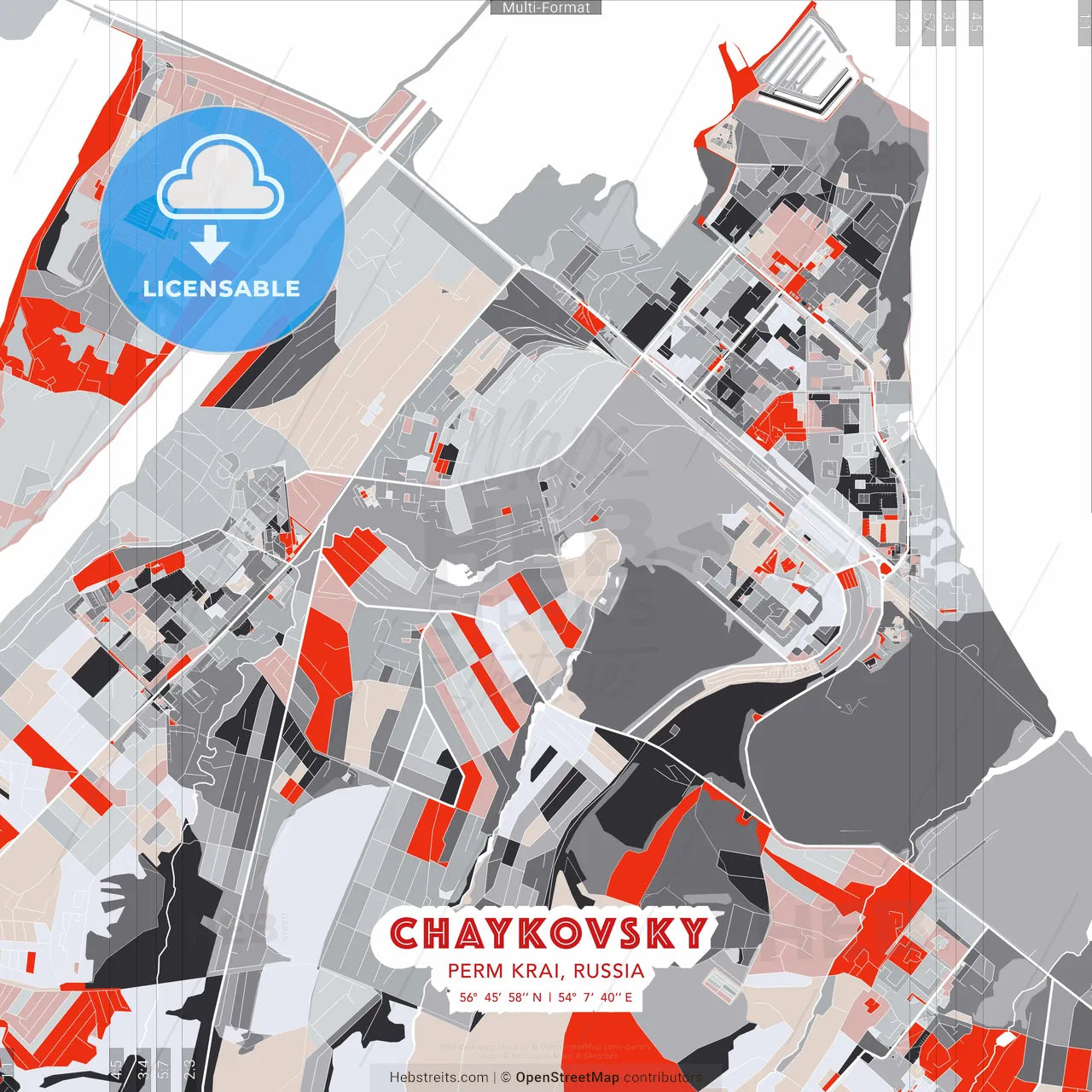 Chaykovsky, Perm Krai, Russia - modern street map poster template with gray and red tones