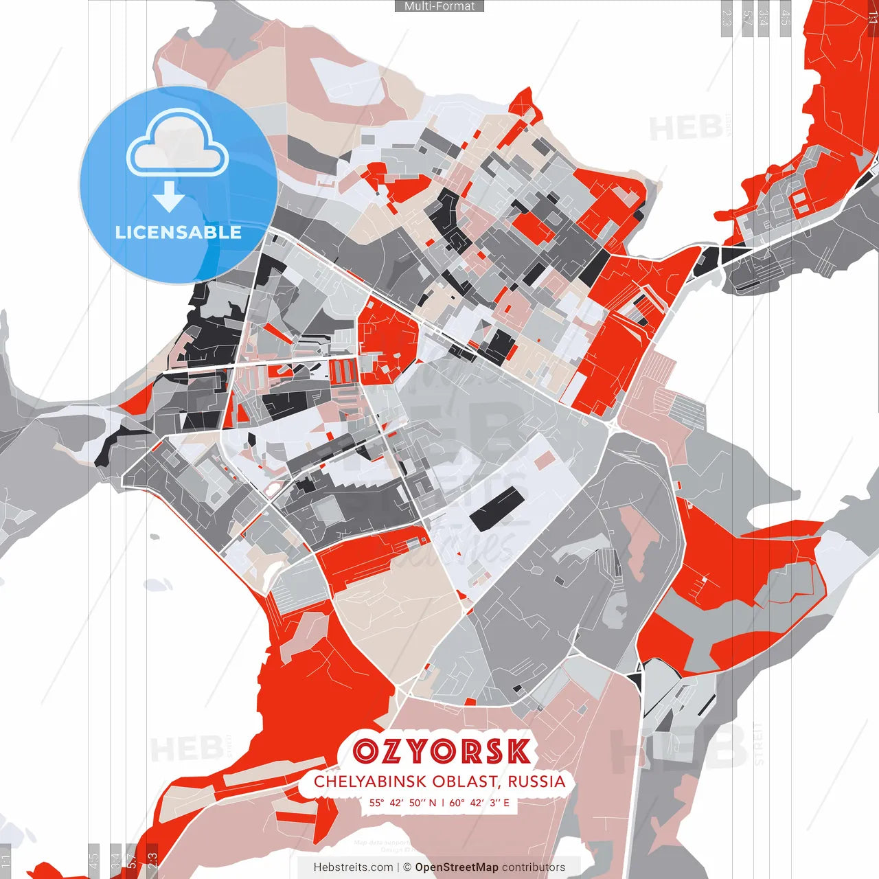 Ozyorsk, Chelyabinsk Oblast, Russia - modern street map poster template with gray and red tones