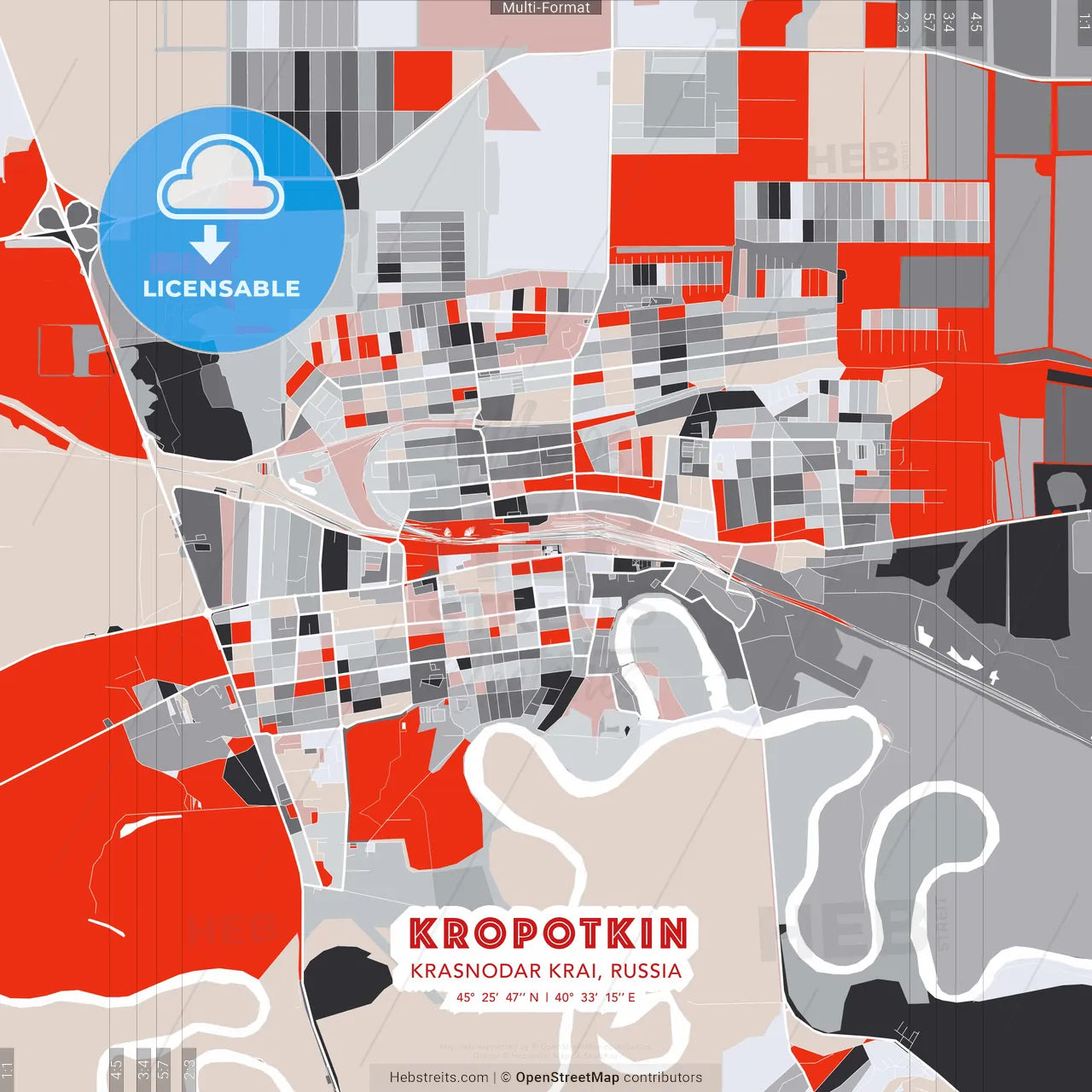Kropotkin, Krasnodar Krai, Russia - modern street map poster template with gray and red tones