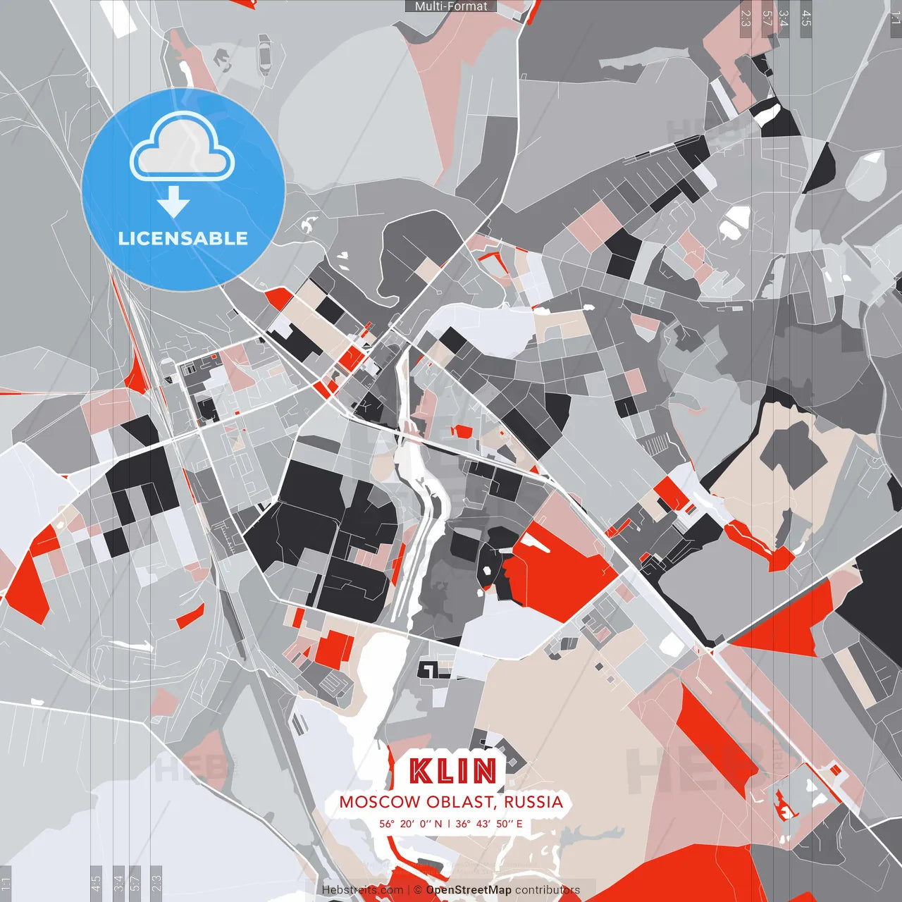 Klin, Moscow Oblast, Russia - modern street map poster template with gray and red tones
