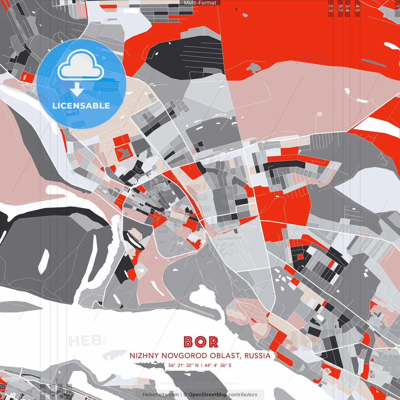 Bor, Nizhny Novgorod Oblast, Russia - modern street map poster template with gray and red tones