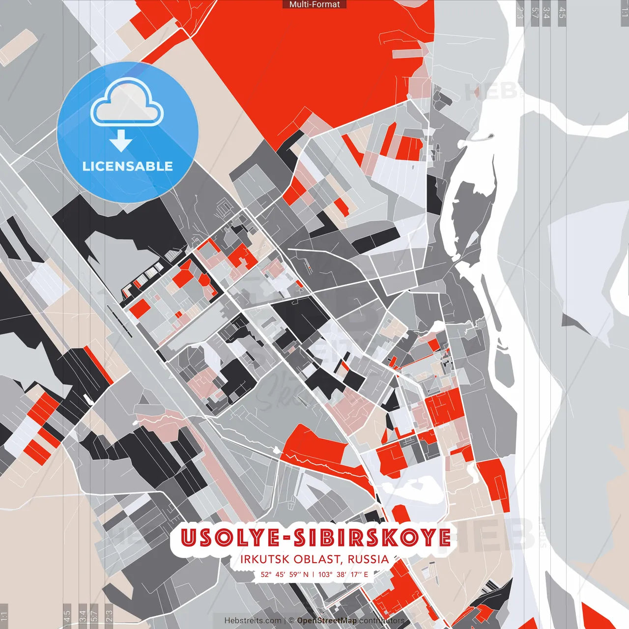 Usolye-Sibirskoye, Irkutsk Oblast, Russia - modern street map poster template with gray and red tones