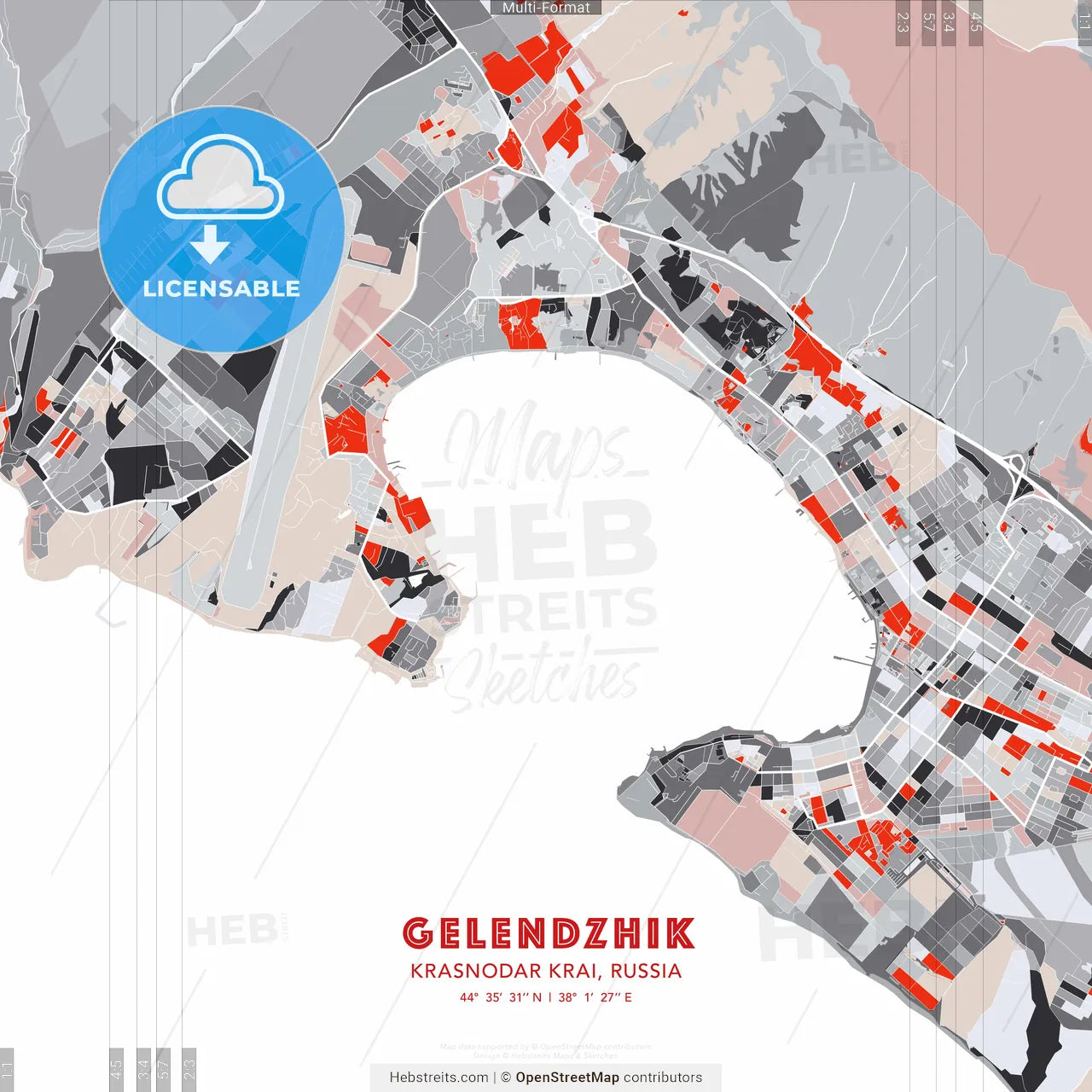 Gelendzhik, Krasnodar Krai, Russia - modern street map poster template with gray and red tones