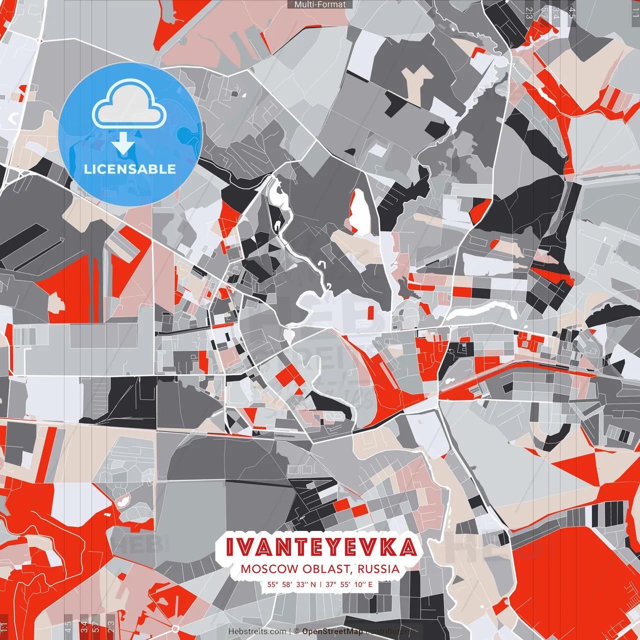 Ivanteyevka, Moscow Oblast, Russia - modern street map poster template with gray and red tones