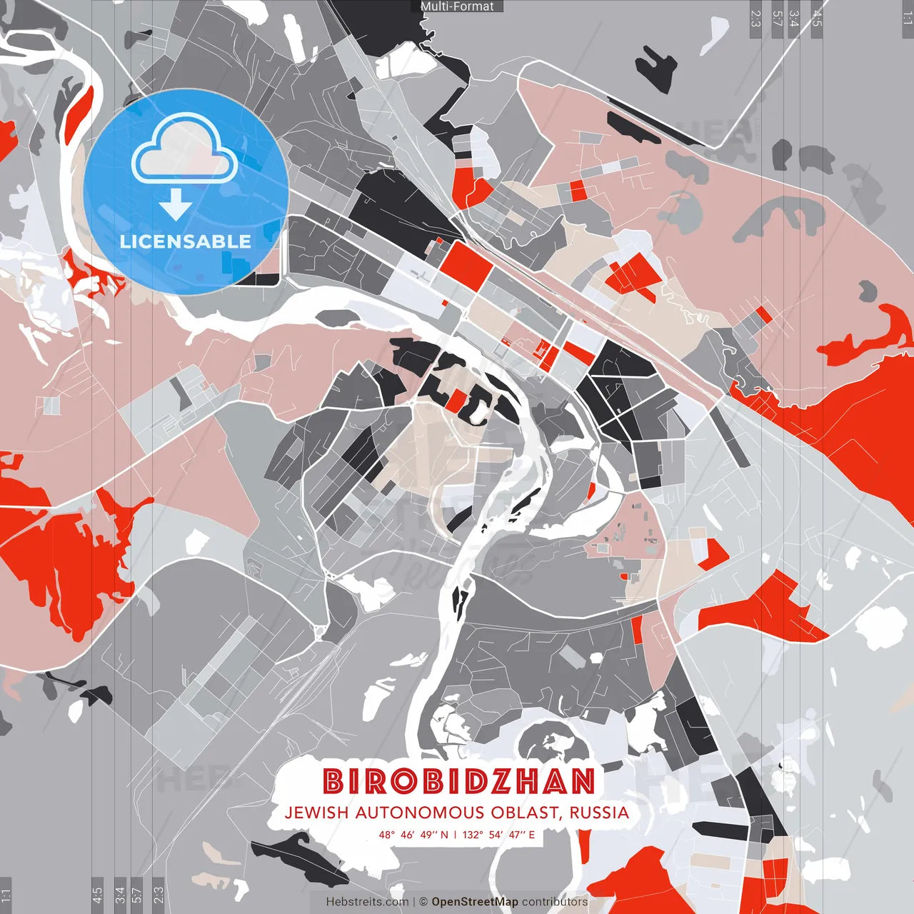Birobidzhan, Jewish Autonomous Oblast, Russia - modern street map poster template with gray and red tones