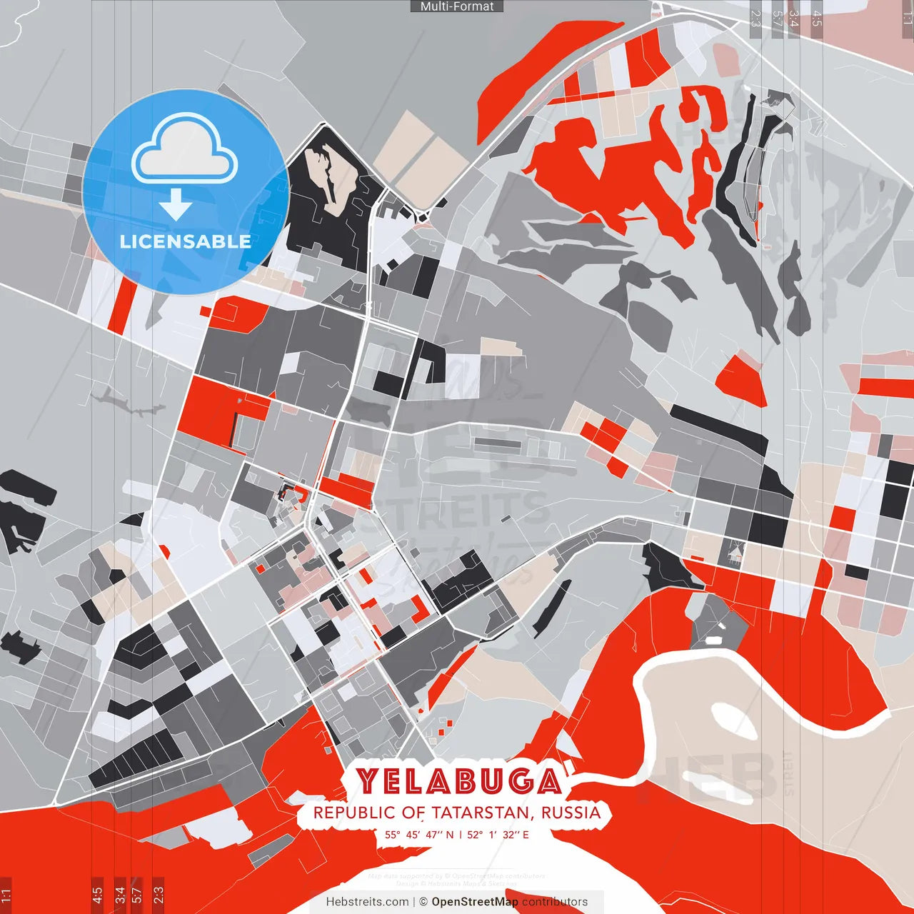 Yelabuga, Republic of Tatarstan, Russia - modern street map poster template with gray and red tones