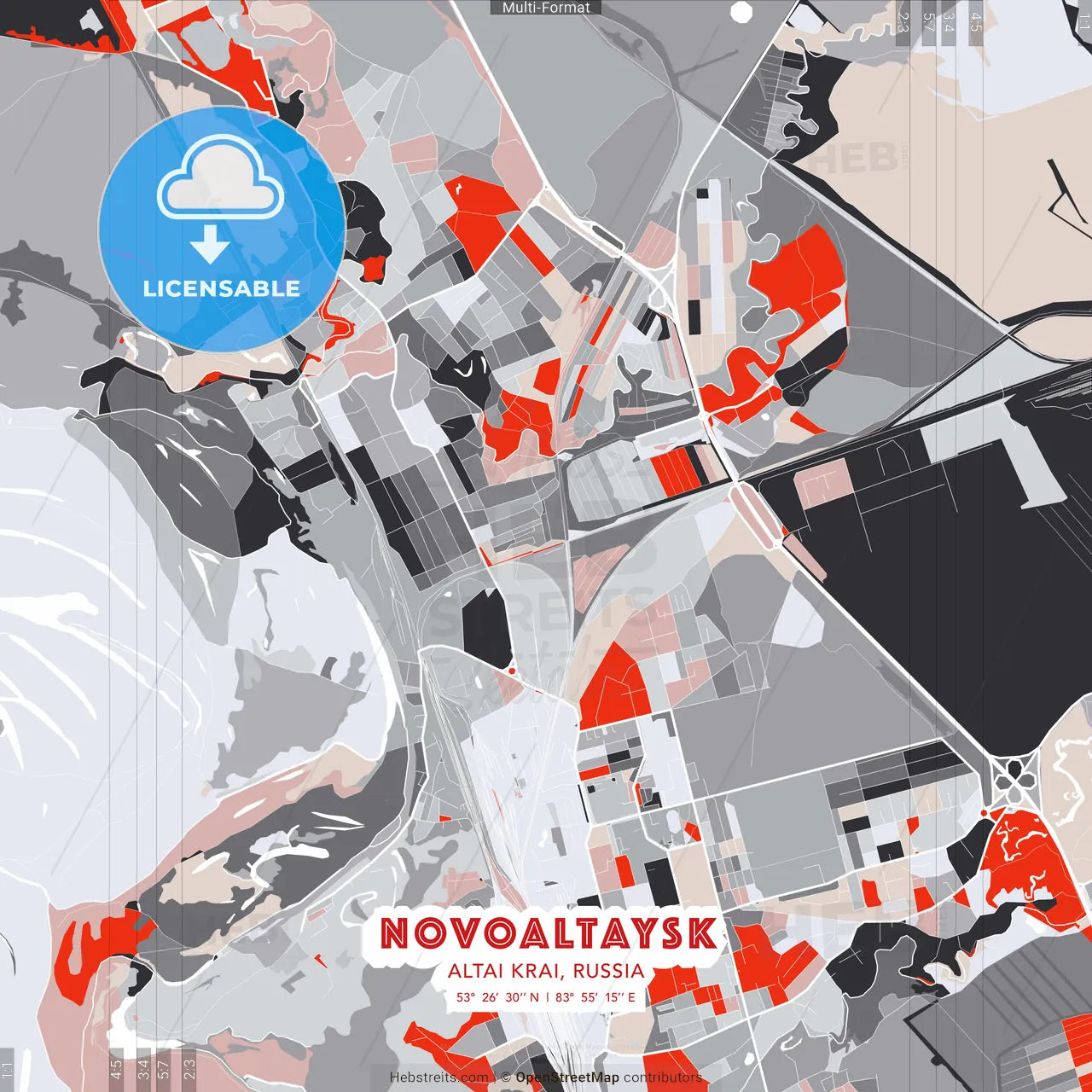 Novoaltaysk, Altai Krai, Russia - modern street map poster template with gray and red tones