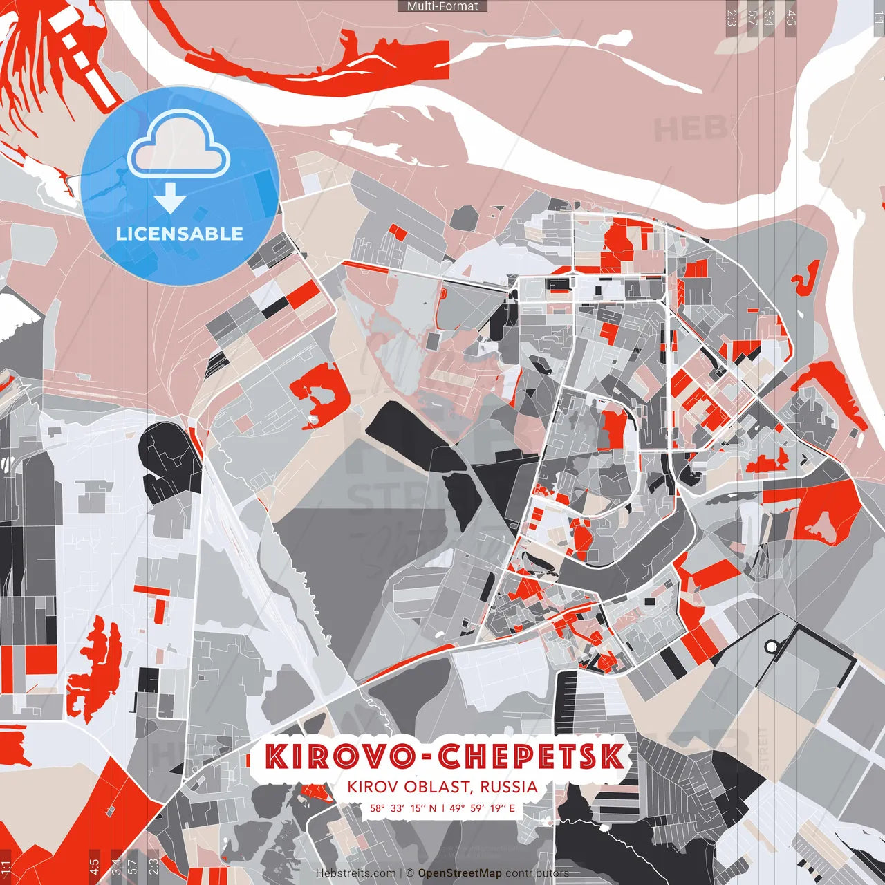 Kirovo-Chepetsk, Kirov Oblast, Russia - modern street map poster template with gray and red tones
