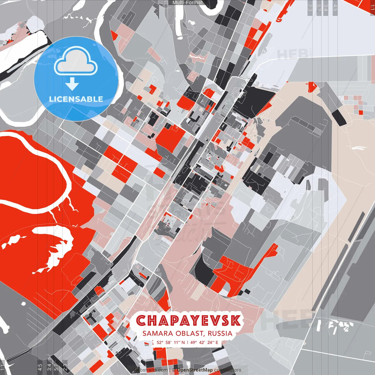 Chapayevsk, Samara Oblast, Russia - modern street map poster template with gray and red tones