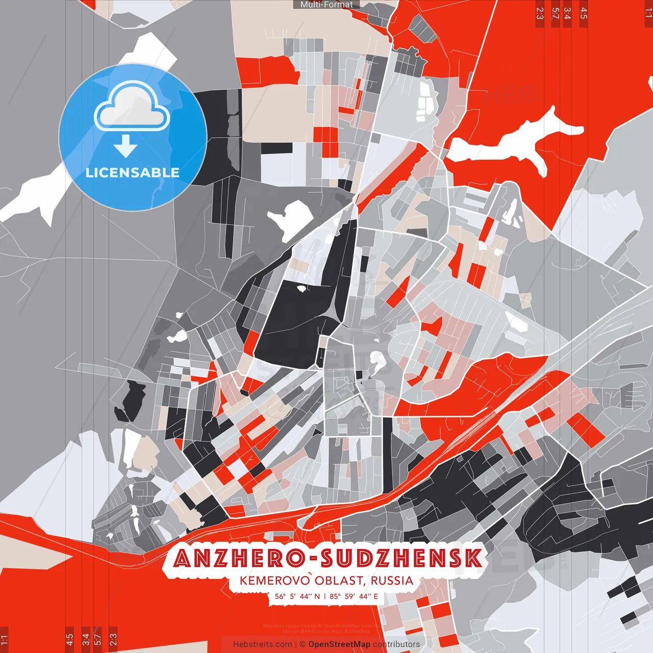 Anzhero-Sudzhensk, Kemerovo Oblast, Russia - modern street map poster template with gray and red tones
