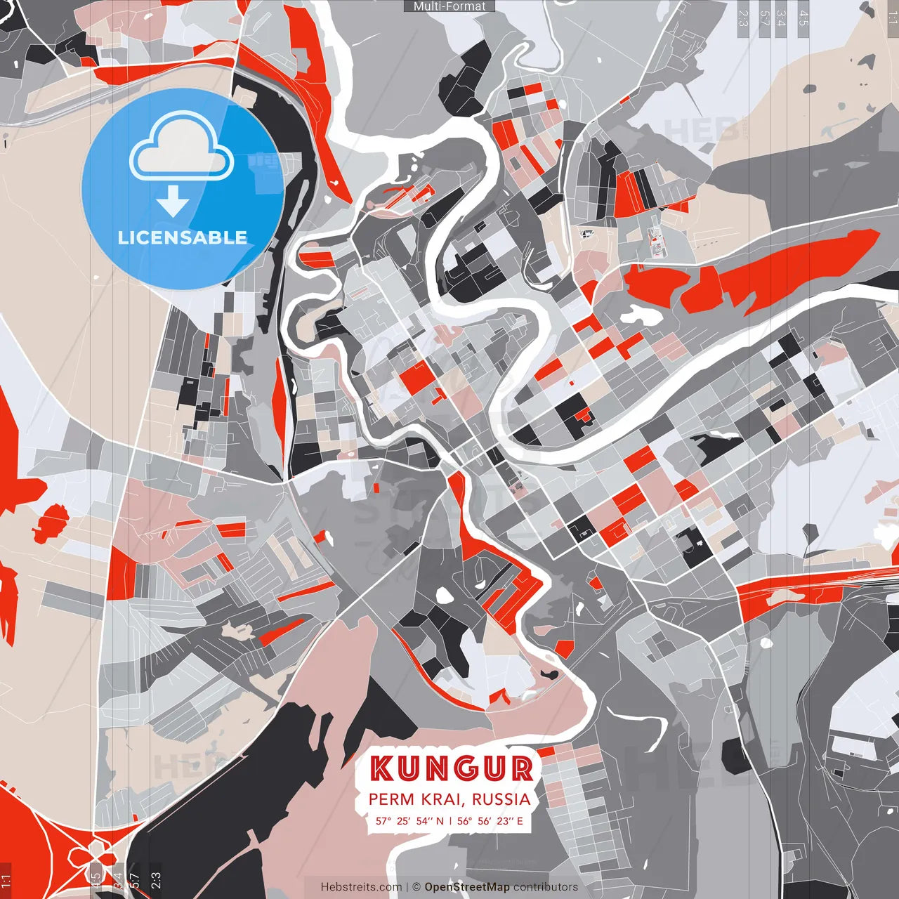Kungur, Perm Krai, Russia - modern street map poster template with gray and red tones