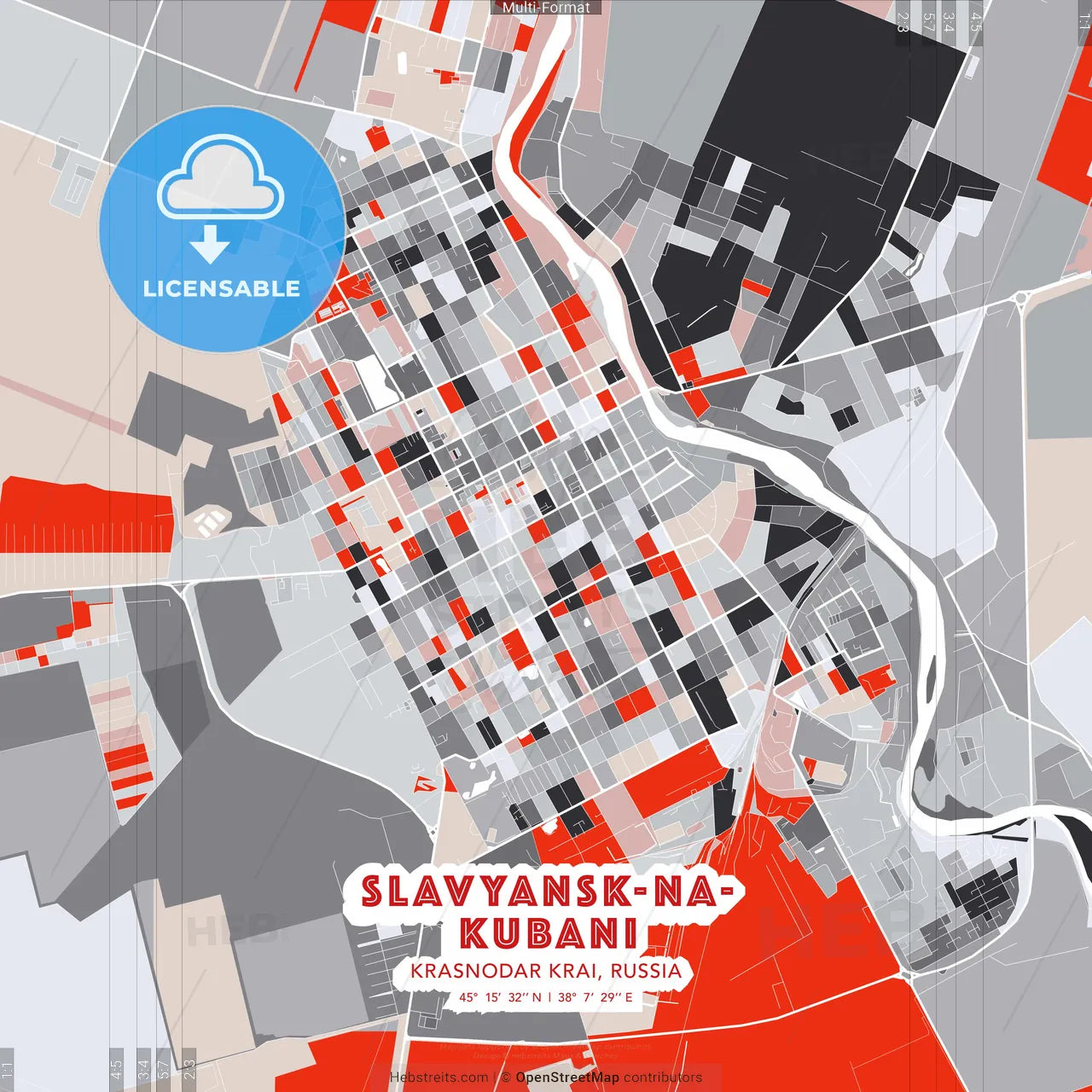 Slavyansk-na-Kubani, Krasnodar Krai, Russia - modern street map poster template with gray and red tones