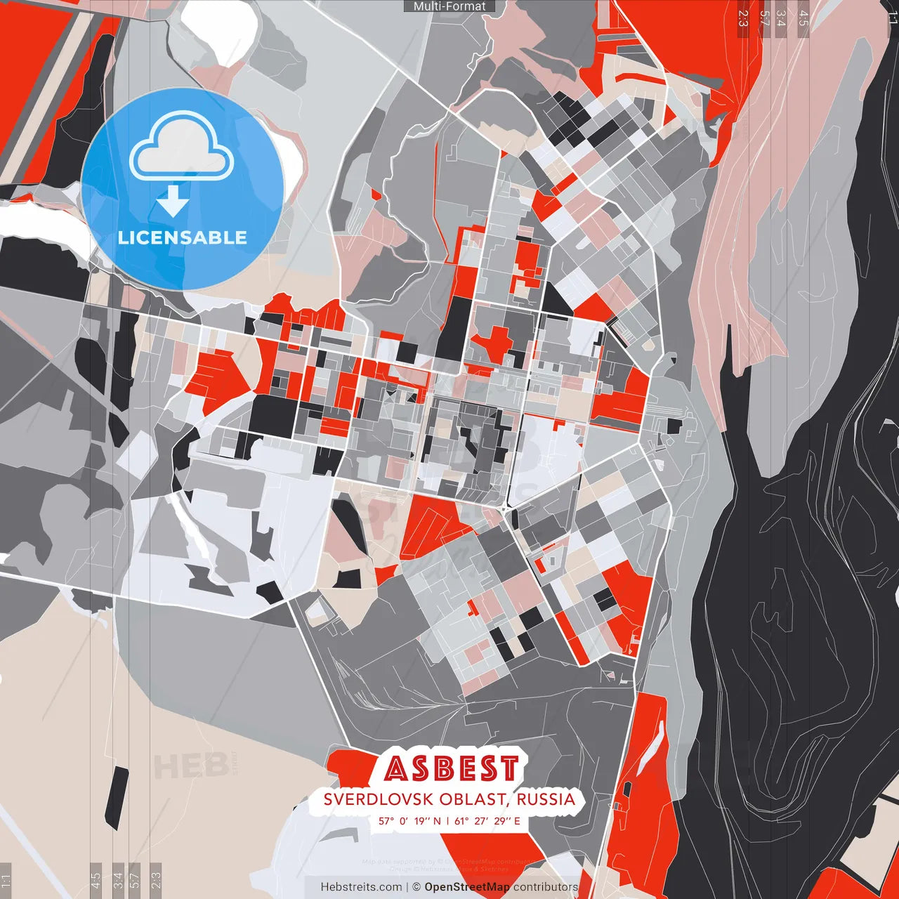 Asbest, Sverdlovsk Oblast, Russia - modern street map poster template with gray and red tones