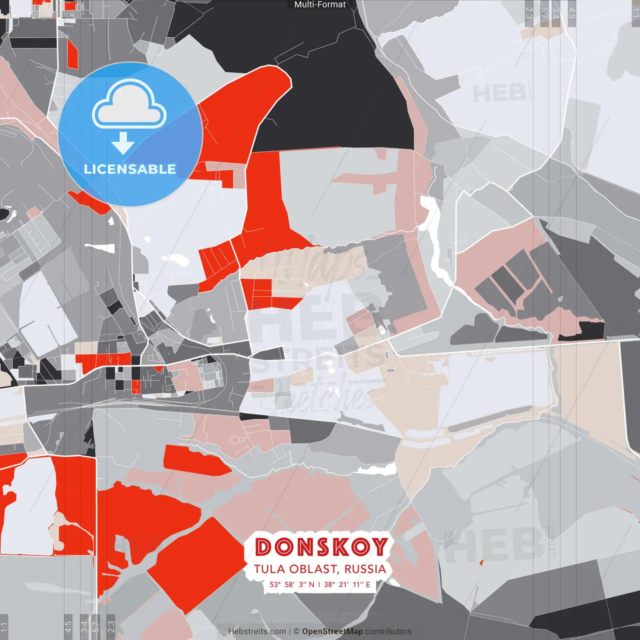 Donskoy, Tula Oblast, Russia - modern street map poster template with gray and red tones