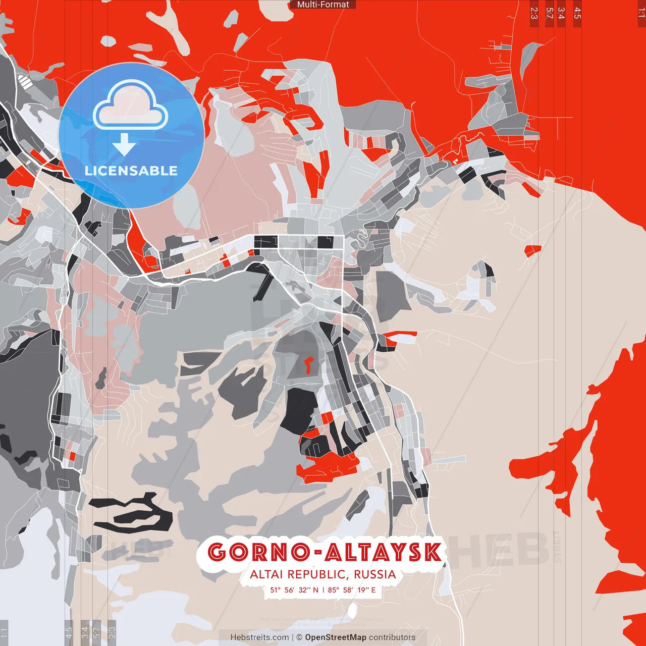 Gorno-Altaysk, Altai Republic, Russia - modern street map poster template with gray and red tones