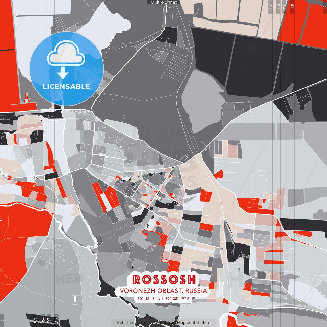 Rossosh, Voronezh Oblast, Russia - modern street map poster template with gray and red tones