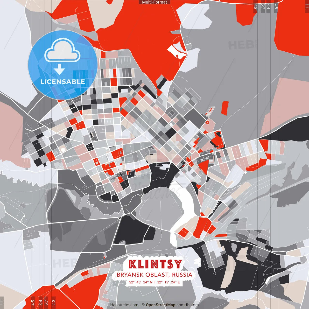 Klintsy, Bryansk Oblast, Russia - modern street map poster template with gray and red tones