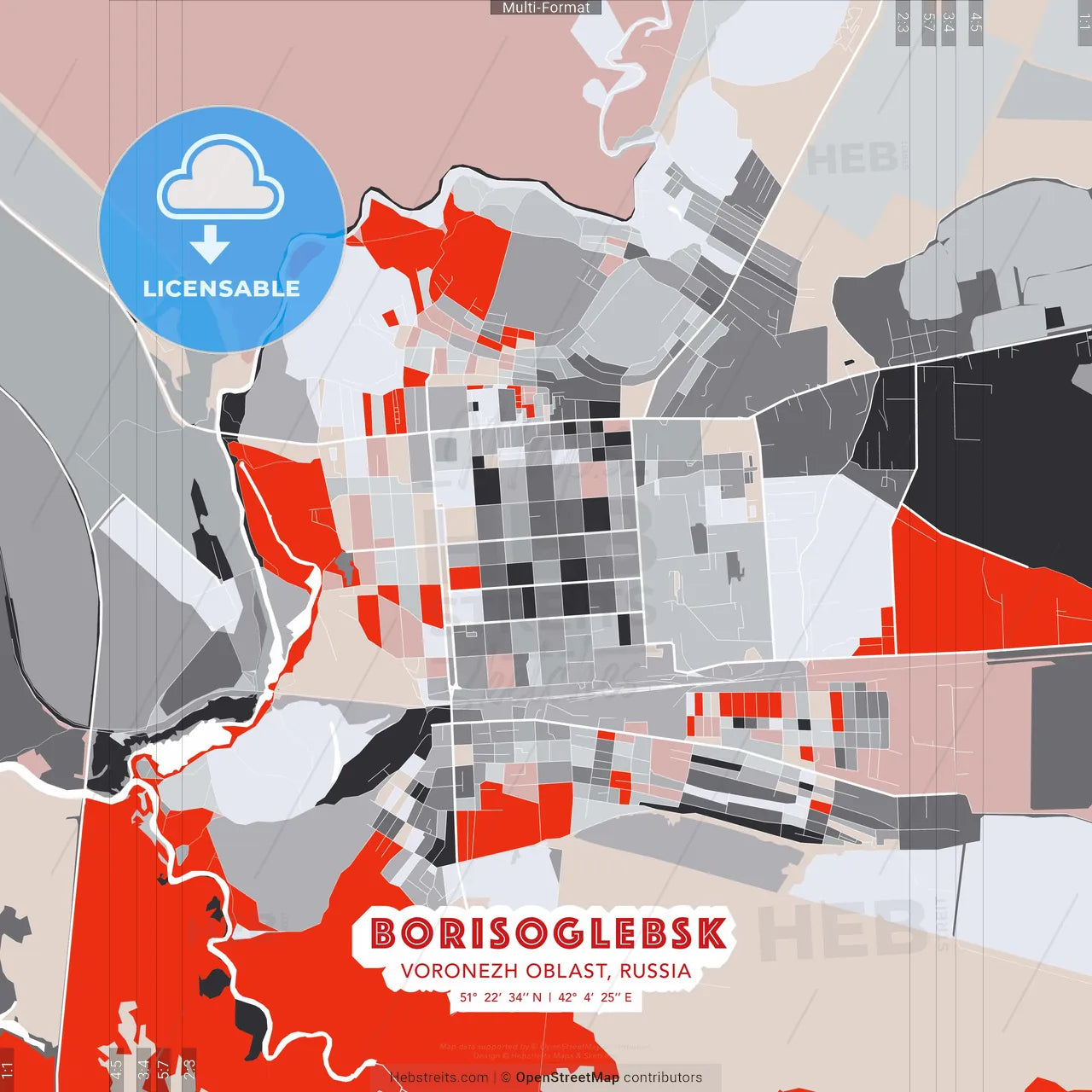 Borisoglebsk, Voronezh Oblast, Russia - modern street map poster template with gray and red tones
