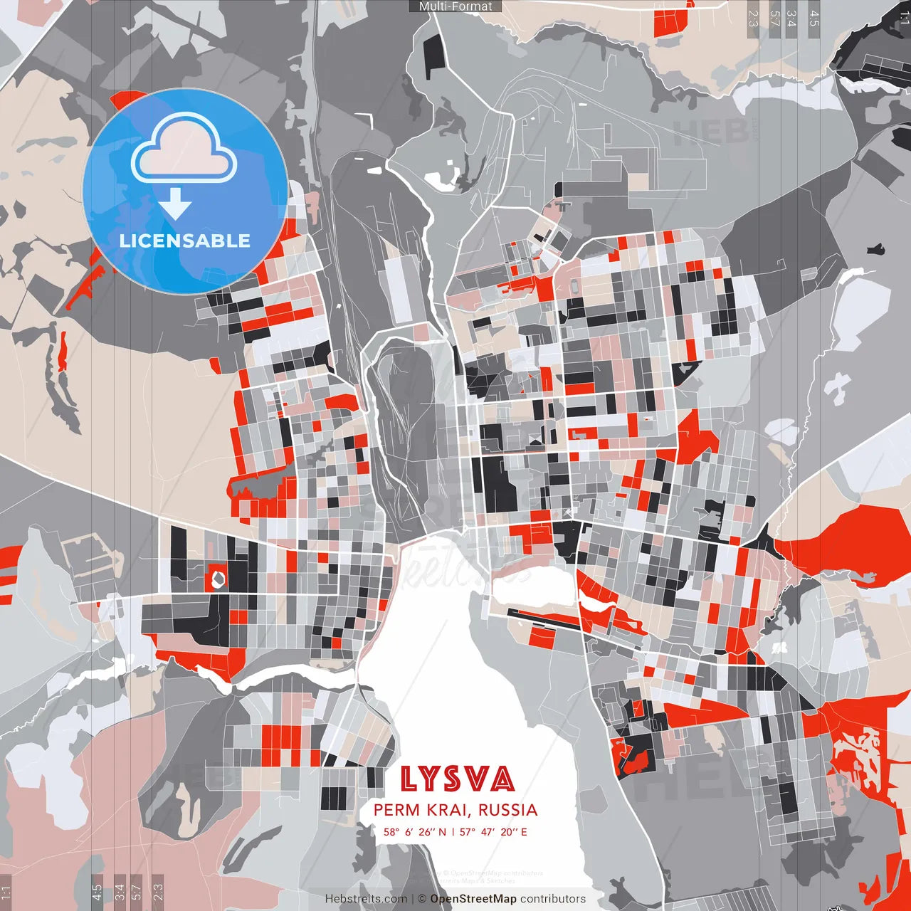 Lysva, Perm Krai, Russia - modern street map poster template with gray and red tones