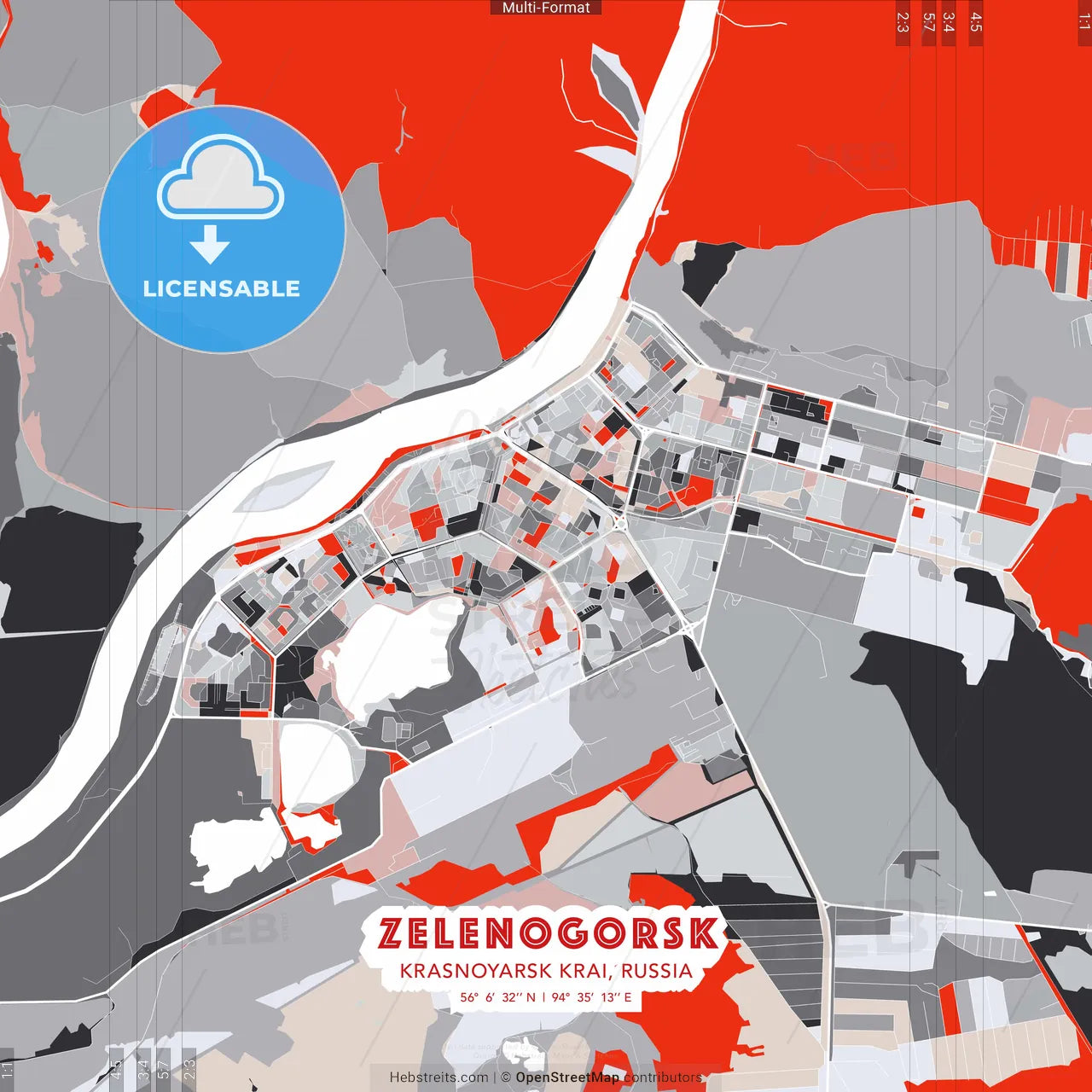 Zelenogorsk, Krasnoyarsk Krai, Russia - modern street map poster template with gray and red tones