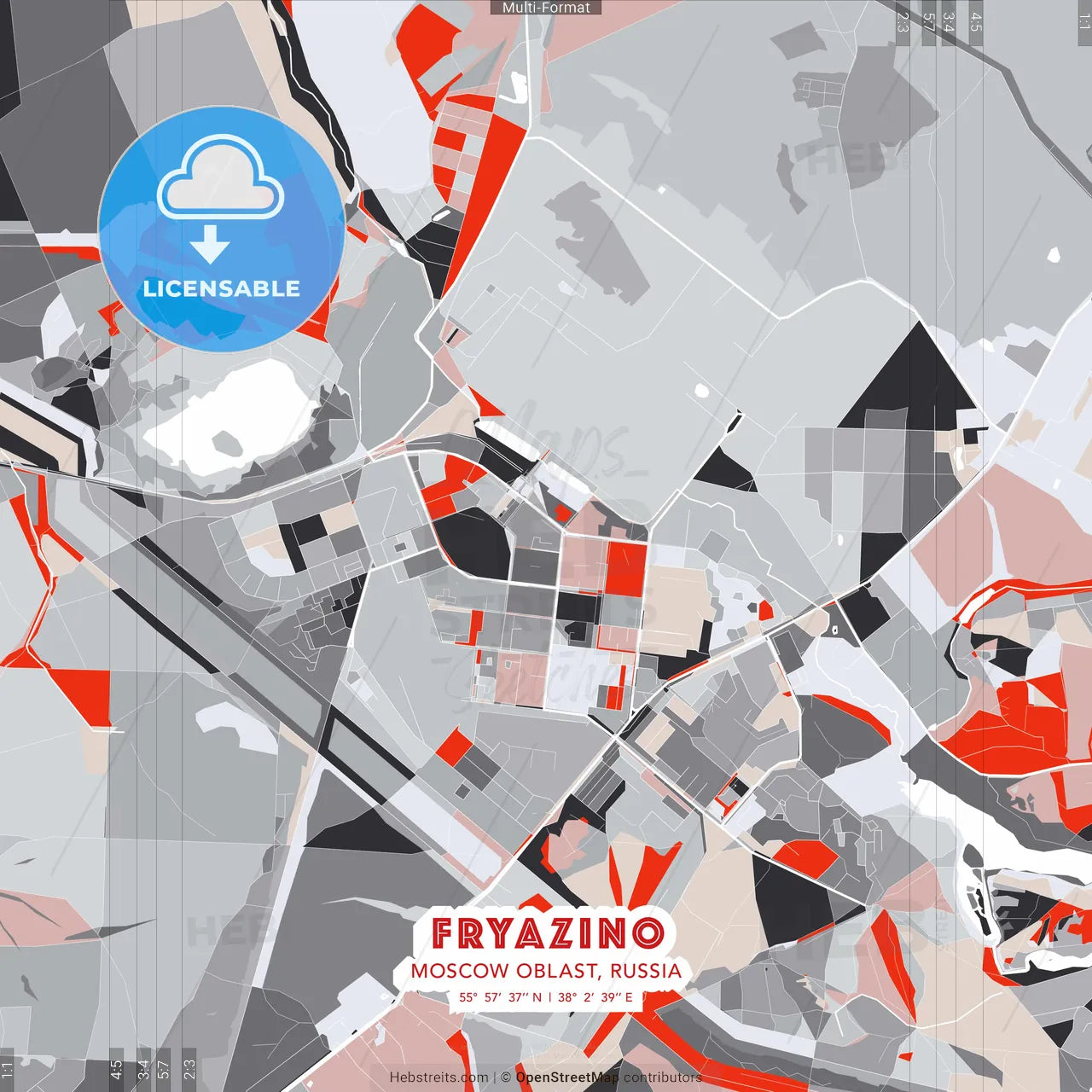 Fryazino, Moscow Oblast, Russia - modern street map poster template with gray and red tones