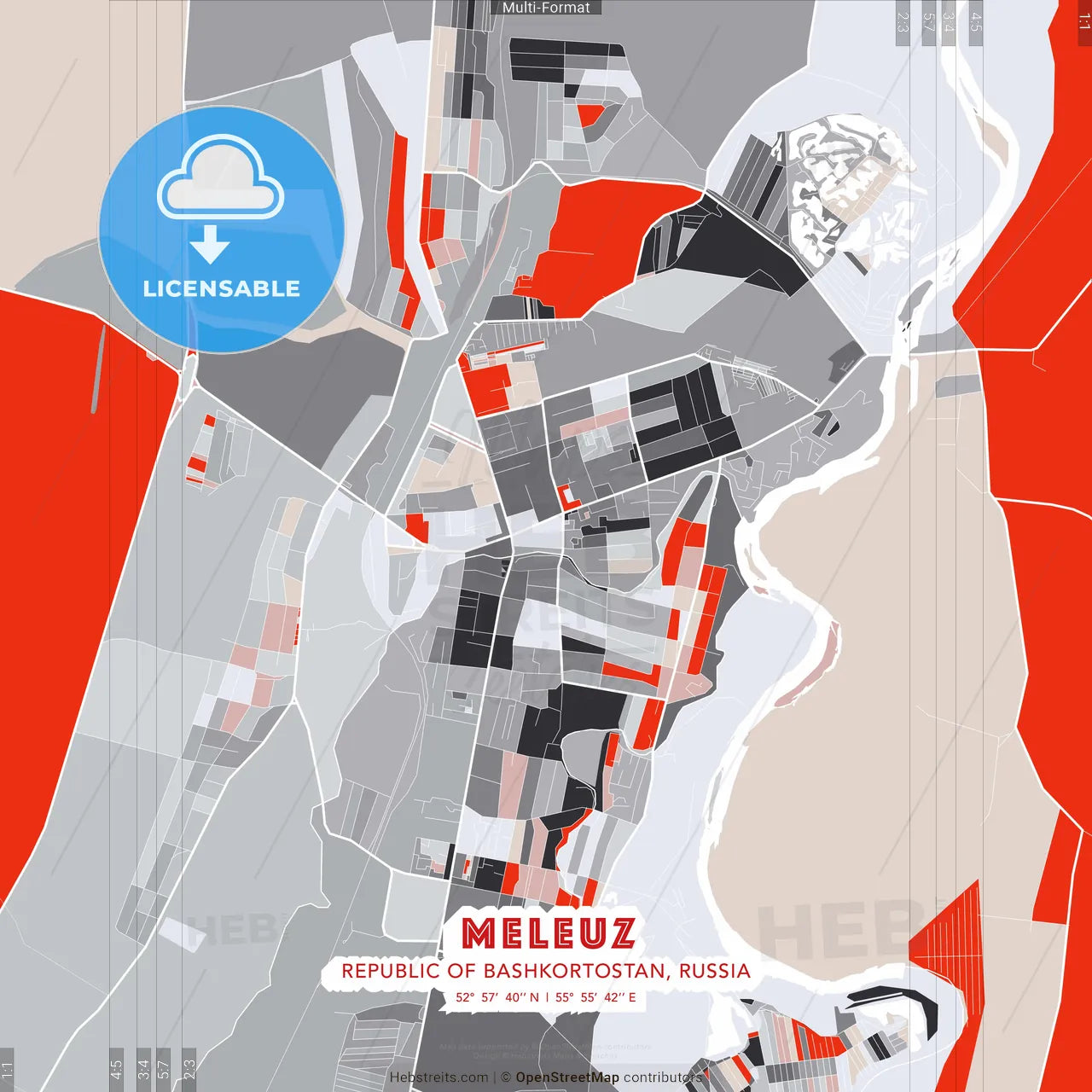 Meleuz, Republic of Bashkortostan, Russia - modern street map poster template with gray and red tones