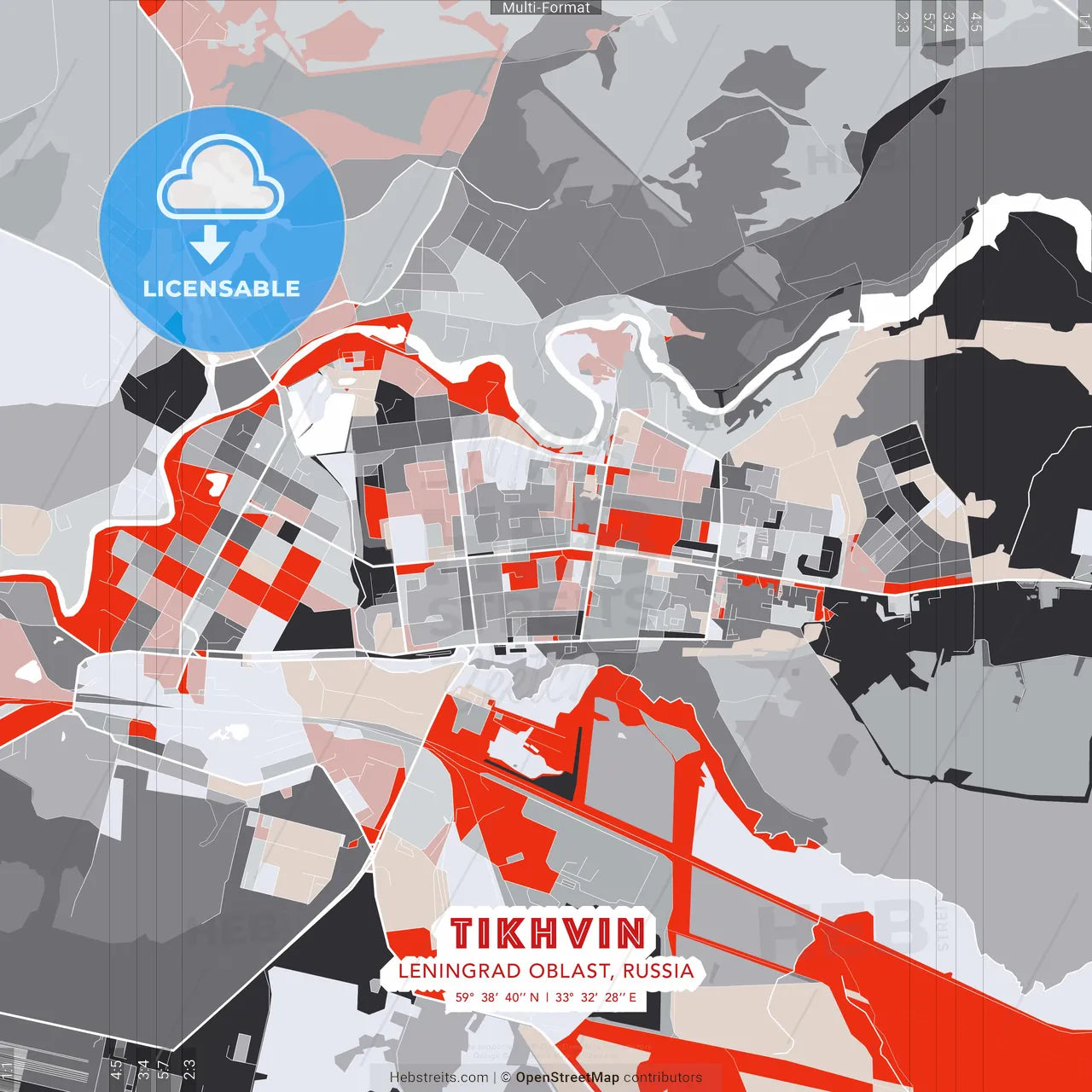 Tikhvin, Leningrad Oblast, Russia - modern street map poster template with gray and red tones