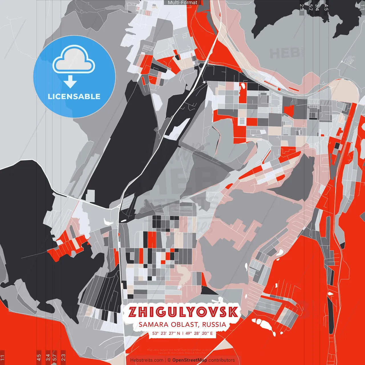 Zhigulyovsk, Samara Oblast, Russia - modern street map poster template with gray and red tones