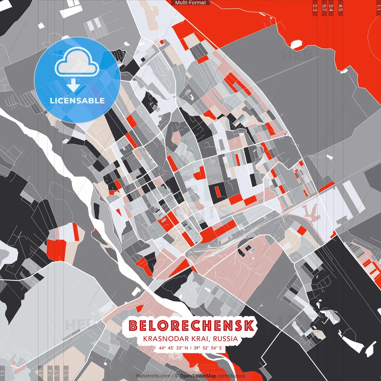 Belorechensk, Krasnodar Krai, Russia - modern street map poster template with gray and red tones