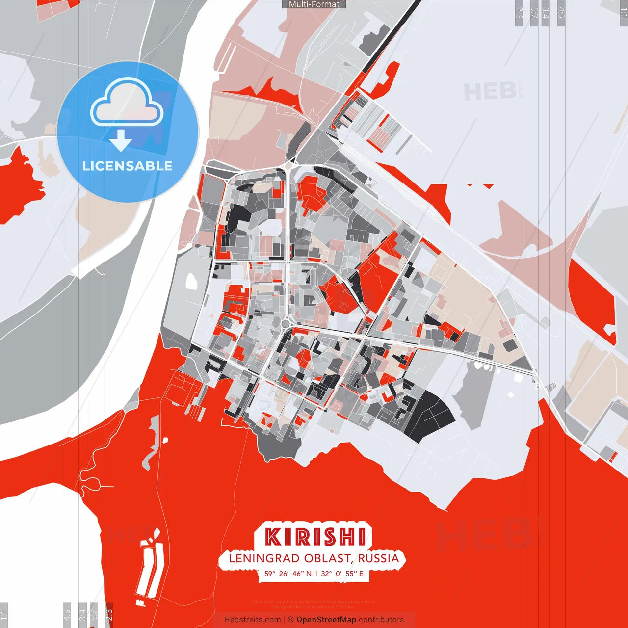 Kirishi, Leningrad Oblast, Russia - modern street map poster template with gray and red tones