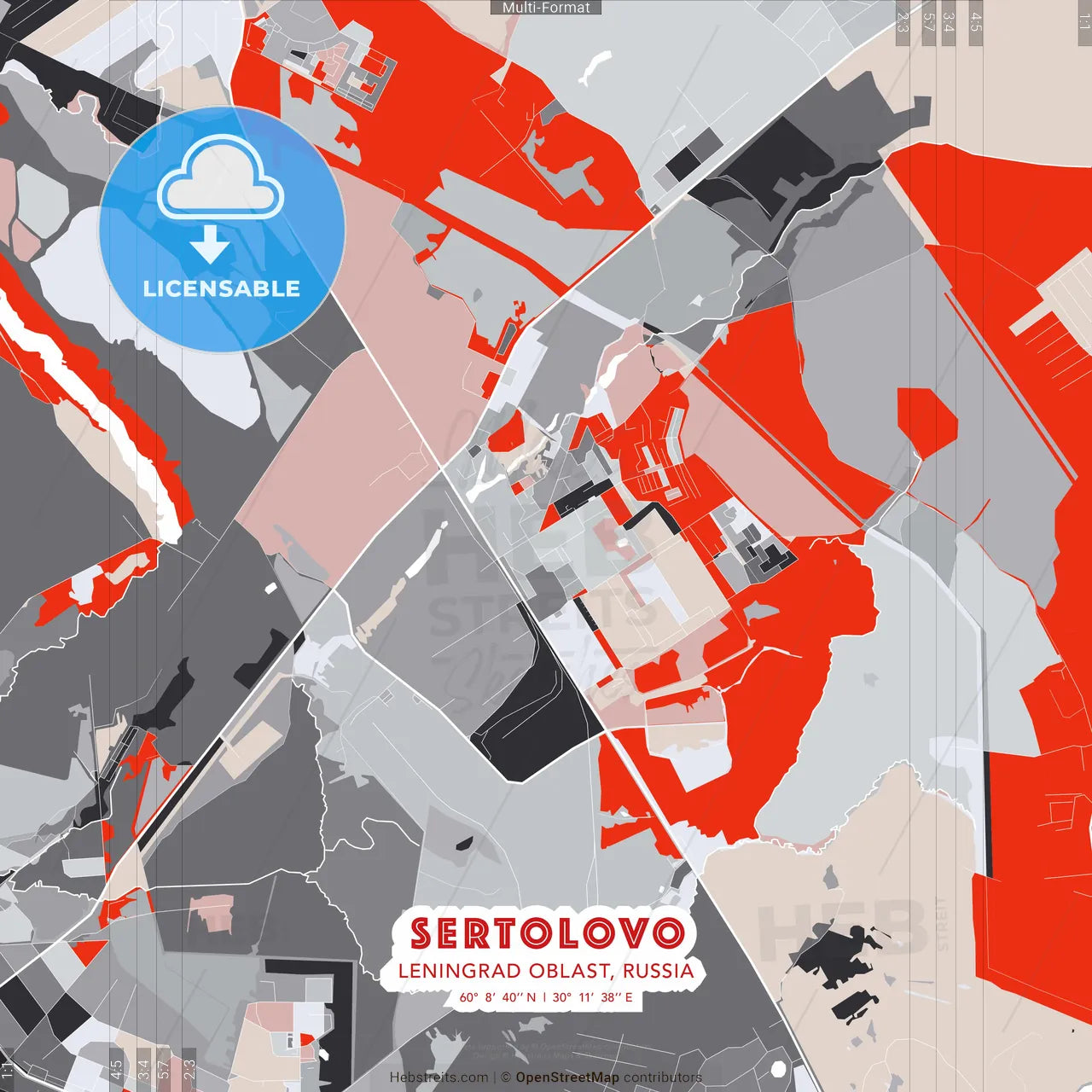 Sertolovo, Leningrad Oblast, Russia - modern street map poster template with gray and red tones