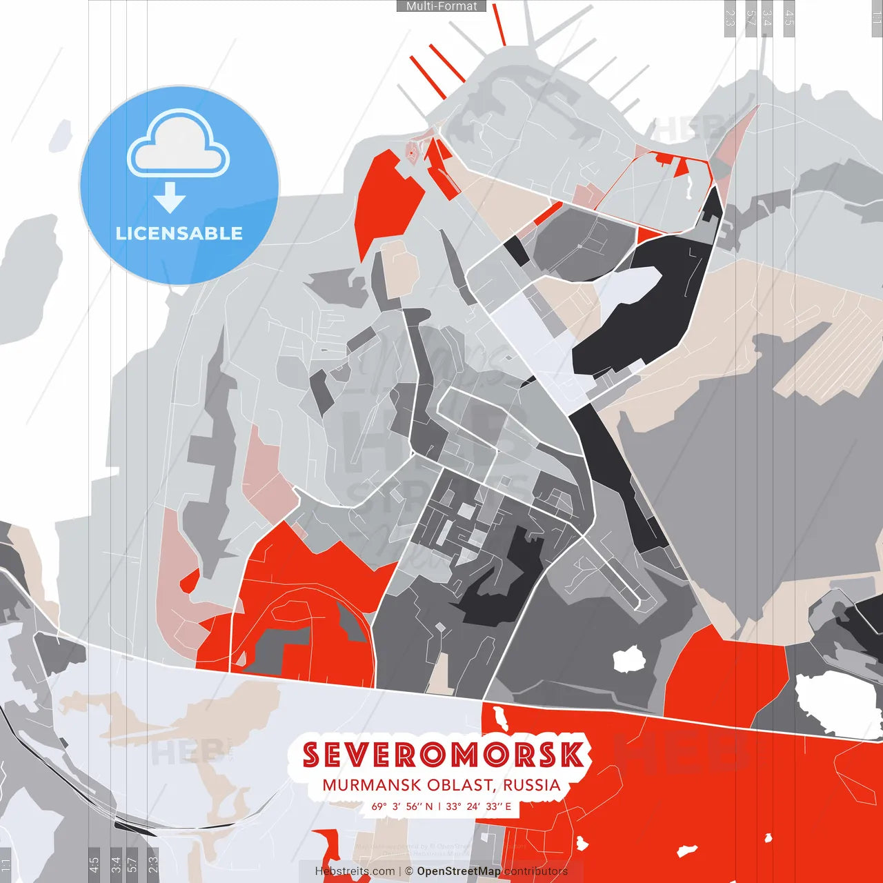 Severomorsk, Murmansk Oblast, Russia - modern street map poster template with gray and red tones
