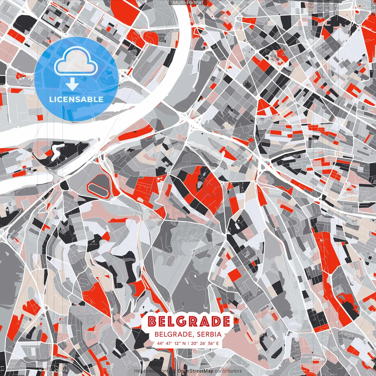 Belgrade, Belgrade, Serbia - modern street map poster template with gray and red tones