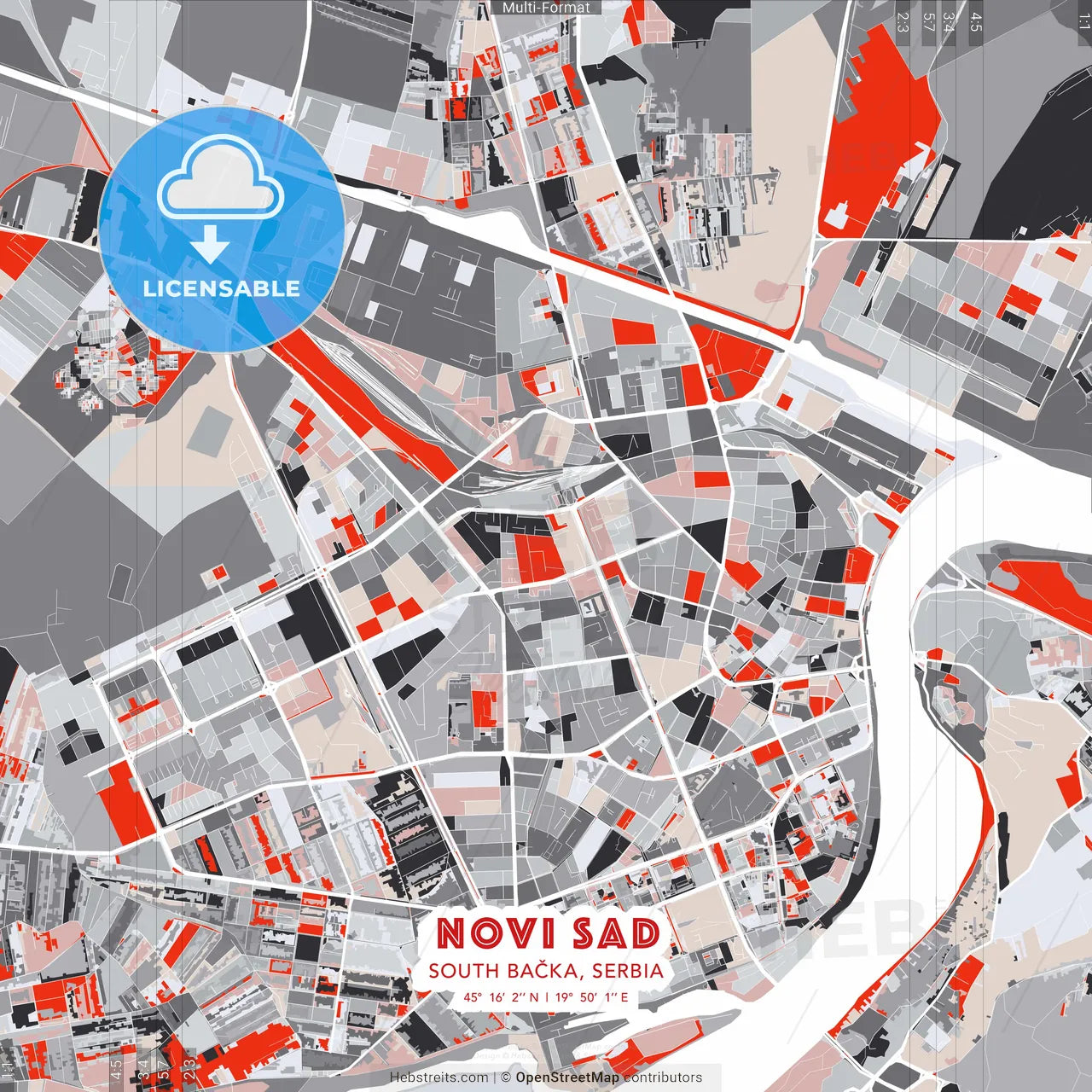 Novi Sad, South Bačka, Serbia - modern street map poster template with gray and red tones