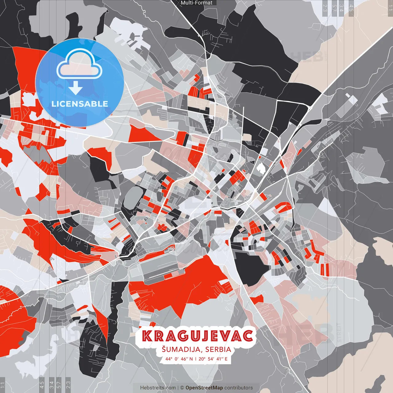 Kragujevac, Šumadija, Serbia - modern street map poster template with gray and red tones