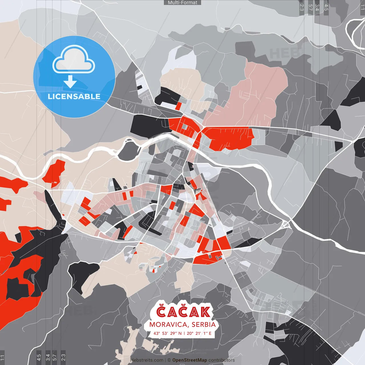Čačak, Moravica, Serbia - modern street map poster template with gray and red tones