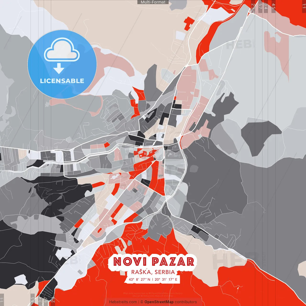 Novi Pazar, Raška, Serbia - modern street map poster template with gray and red tones