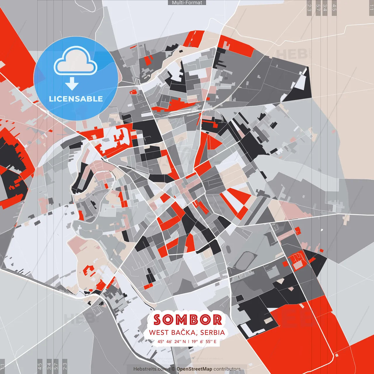 Sombor, West Bačka, Serbia - modern street map poster template with gray and red tones