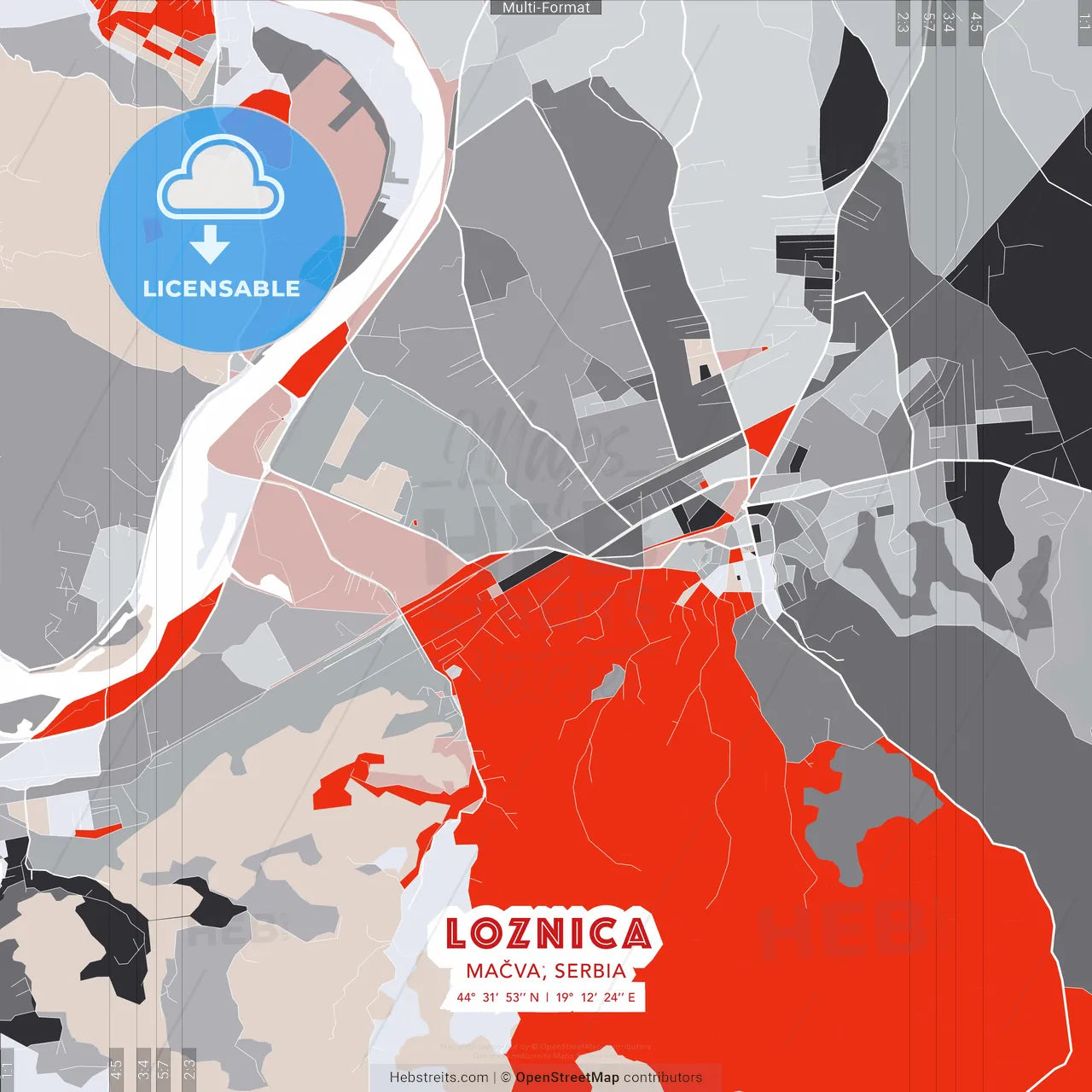 Loznica, Mačva, Serbia - modern street map poster template with gray and red tones