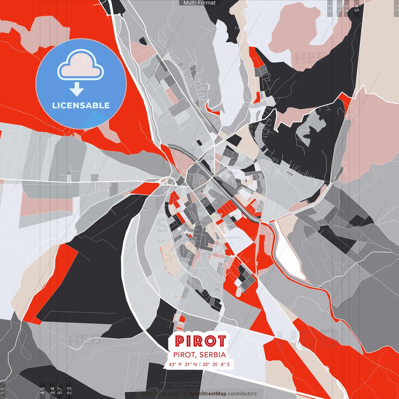 Pirot, Pirot, Serbia - modern street map poster template with gray and red tones