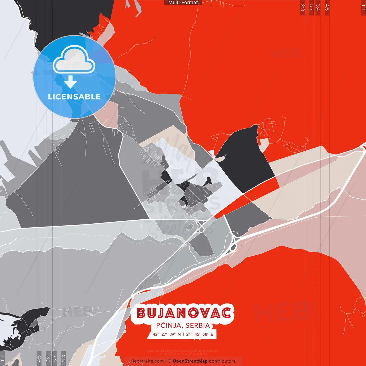 Bujanovac, Pčinja, Serbia - modern street map poster template with gray and red tones