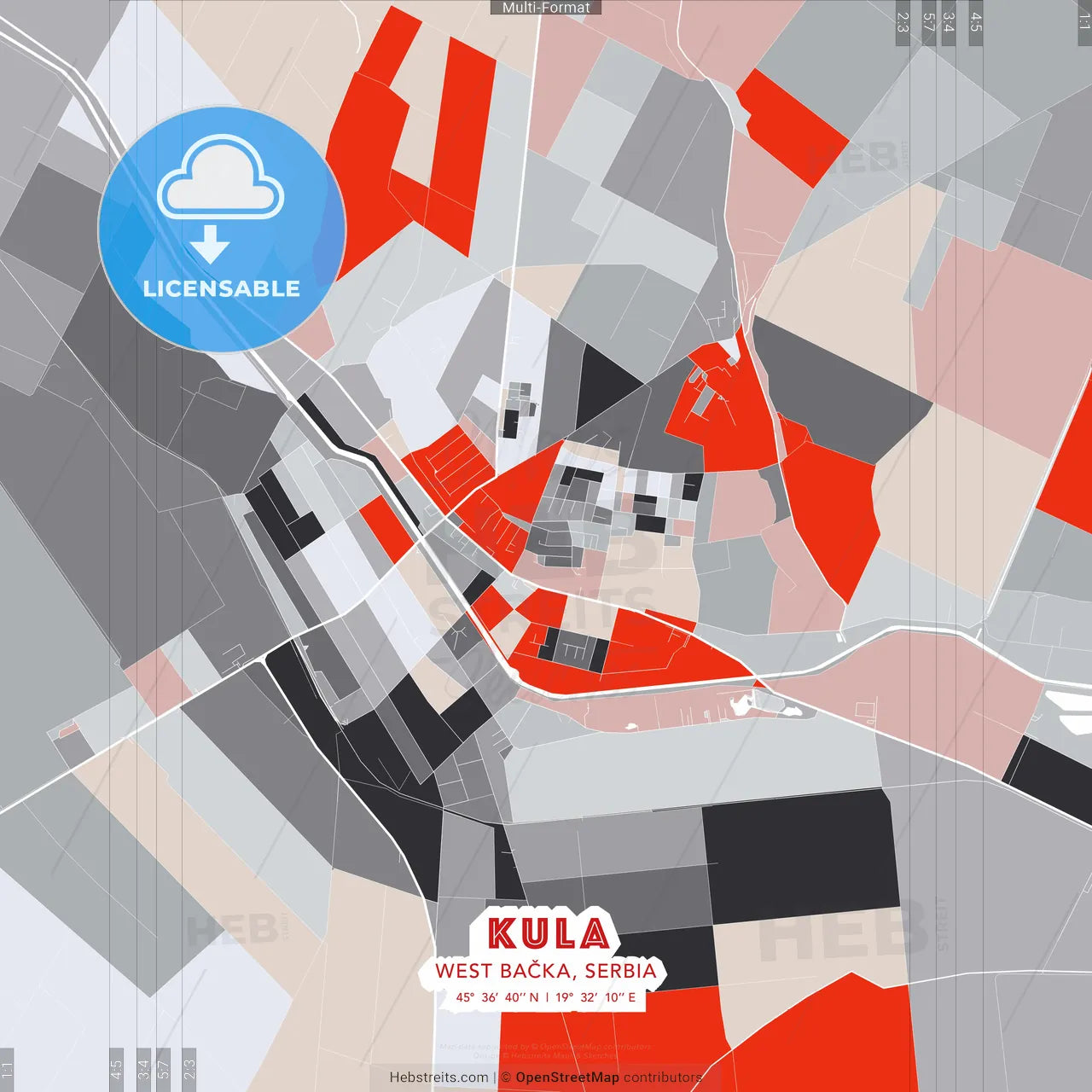 Kula, West Bačka, Serbia - modern street map poster template with gray and red tones