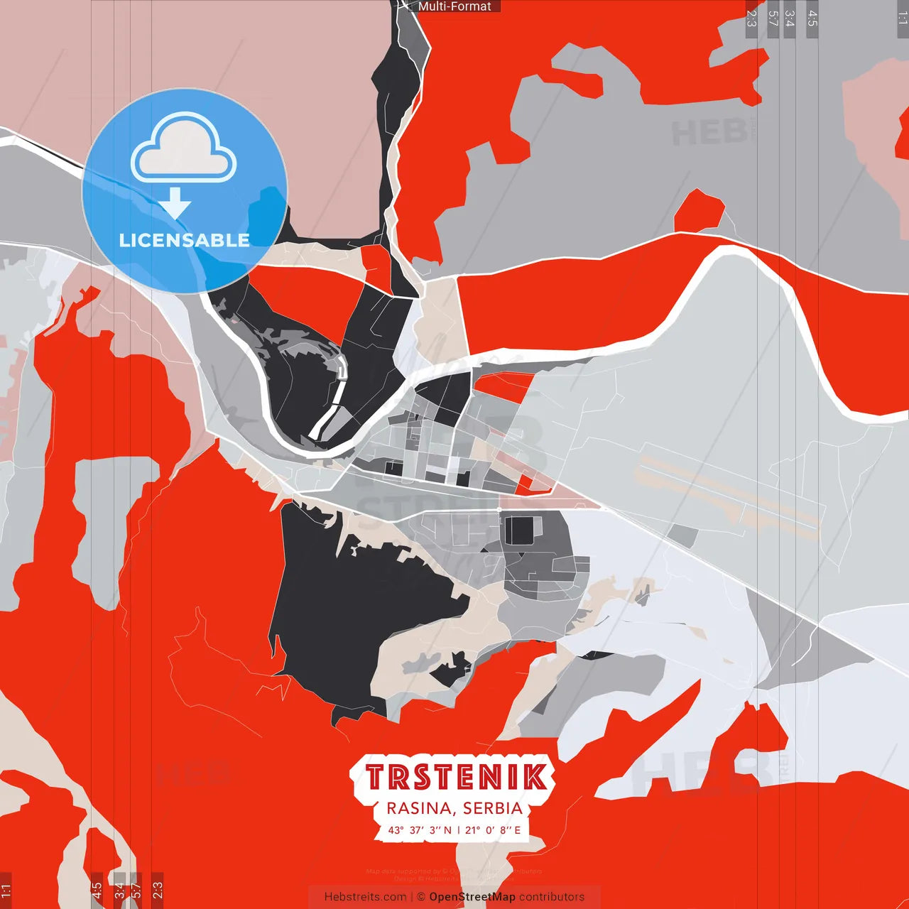Trstenik, Rasina, Serbia - modern street map poster template with gray and red tones
