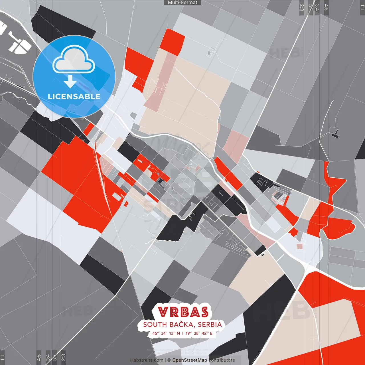 Vrbas, South Bačka, Serbia - modern street map poster template with gray and red tones